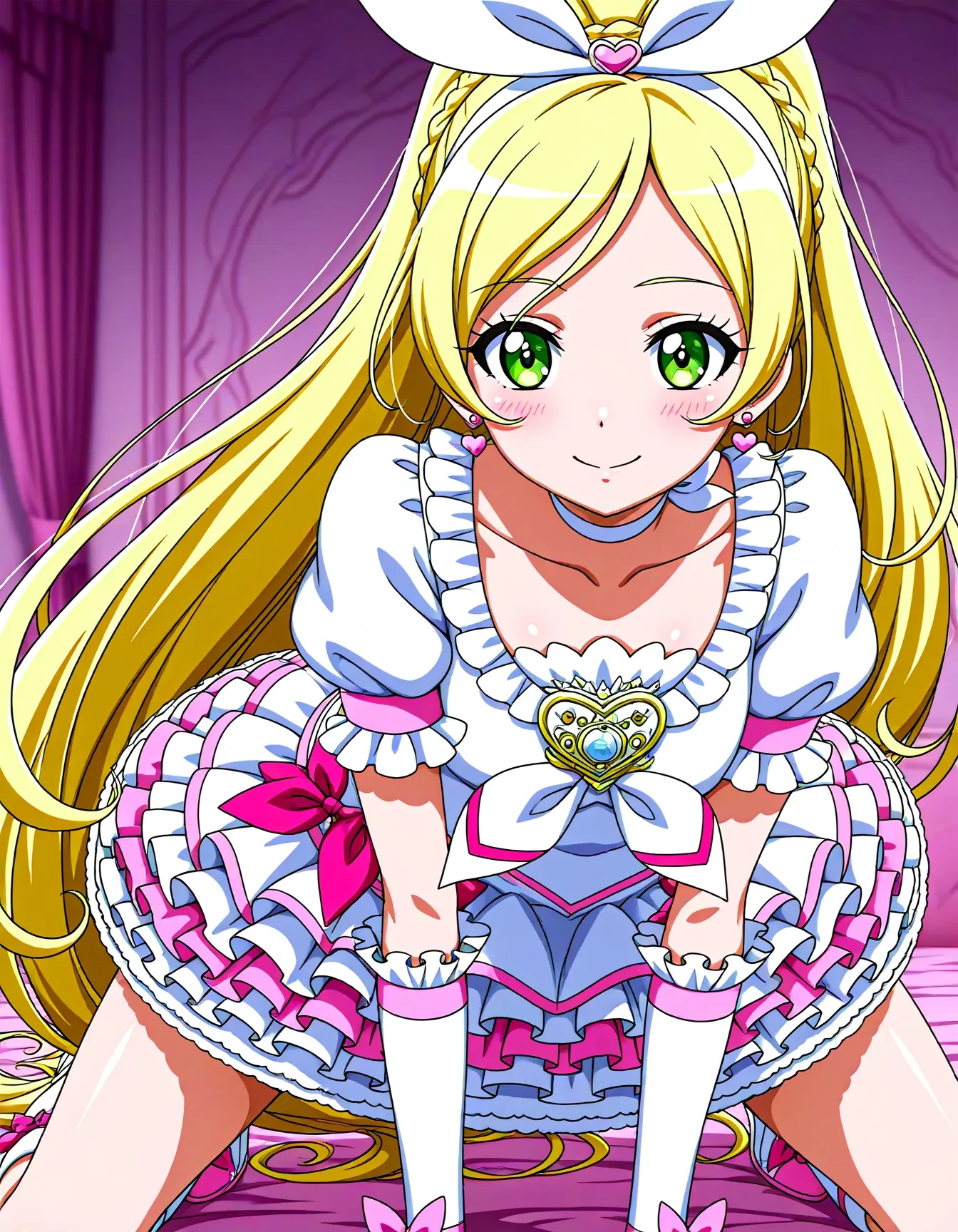 <lora:dmd2_sdxl_4step:1>,1girl,official style,masterpiece,best quality,newest,very aesthetic,highly detailed,high resolution,absurdres,highres,depth of field,super detailed skin,very awa,Anime,anime coloring,anime screencap,<lora:cure_rhythm_V2:1>,cure rhythm,solo,blonde hair,ponytail,very long hair,braid,eyelashes,green eyes,white dress,puffy short sleeves,frilled sleeves,white choker,ribbon choker,brooch,white neckwear,heart earrings,hair bow,white bow,white hairband,wrist cuffs,arm warmers,hair ornament,pink bow,white skirt,frilled skirt,layered skirt,blush,fantasy,smile,all_fours,shy,spread legs,