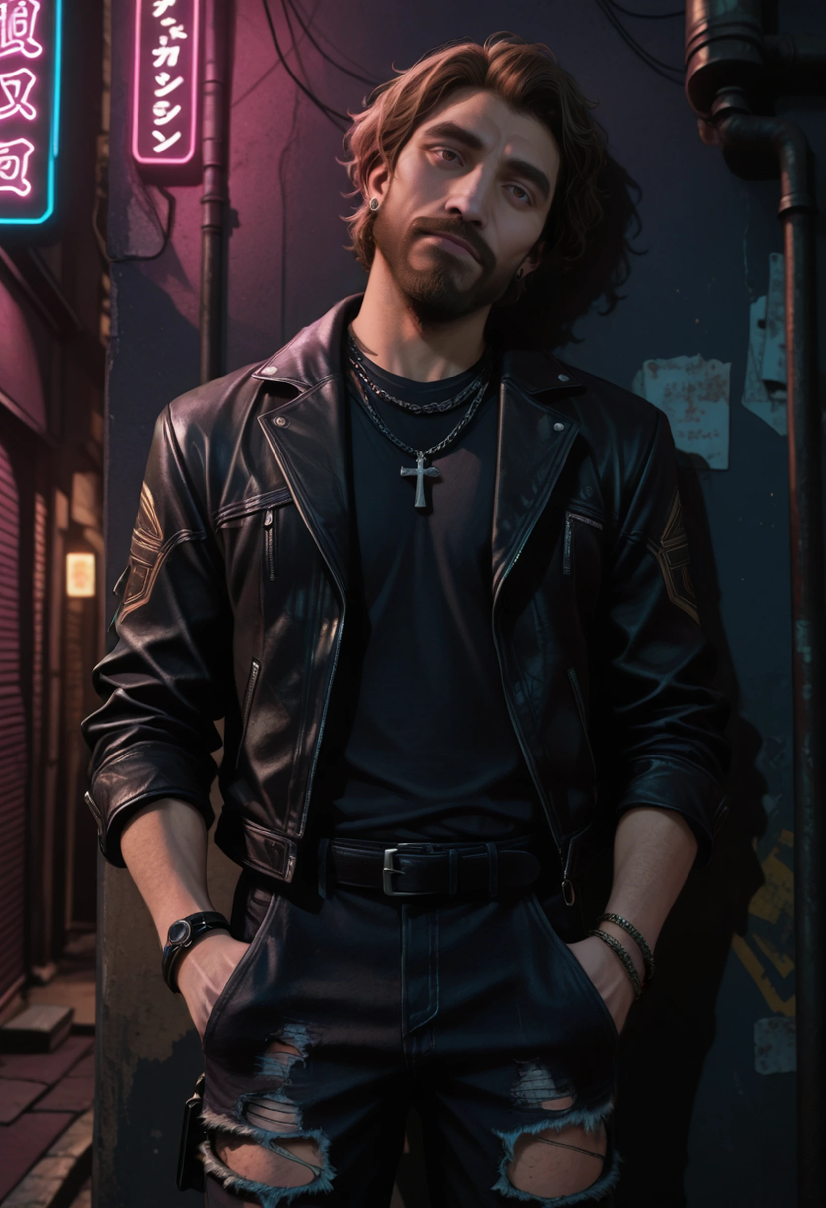 masterpiece, very aesthetic, best quality, absurdres, newest,
<lora:ILE3Gustav:1.0>
E3Gustav, 1boy, male focus, short hair, brown hair, brown eyes, beard, male focus, jewelry, ring, earrings, torn pants, black jacket, black belt, chain necklace, black shirt, black nails, torn clothes, ear piercing, bracelet, outdoors, multiple rings, black pants, hand in pocket, leather jacket, open clothes, nail polish, torn jeans, open jacket, cowboy shot, alley, against wall, long sleeves, night, neon lights, building, standing, closed mouth, city, buckle, cross, head tilt