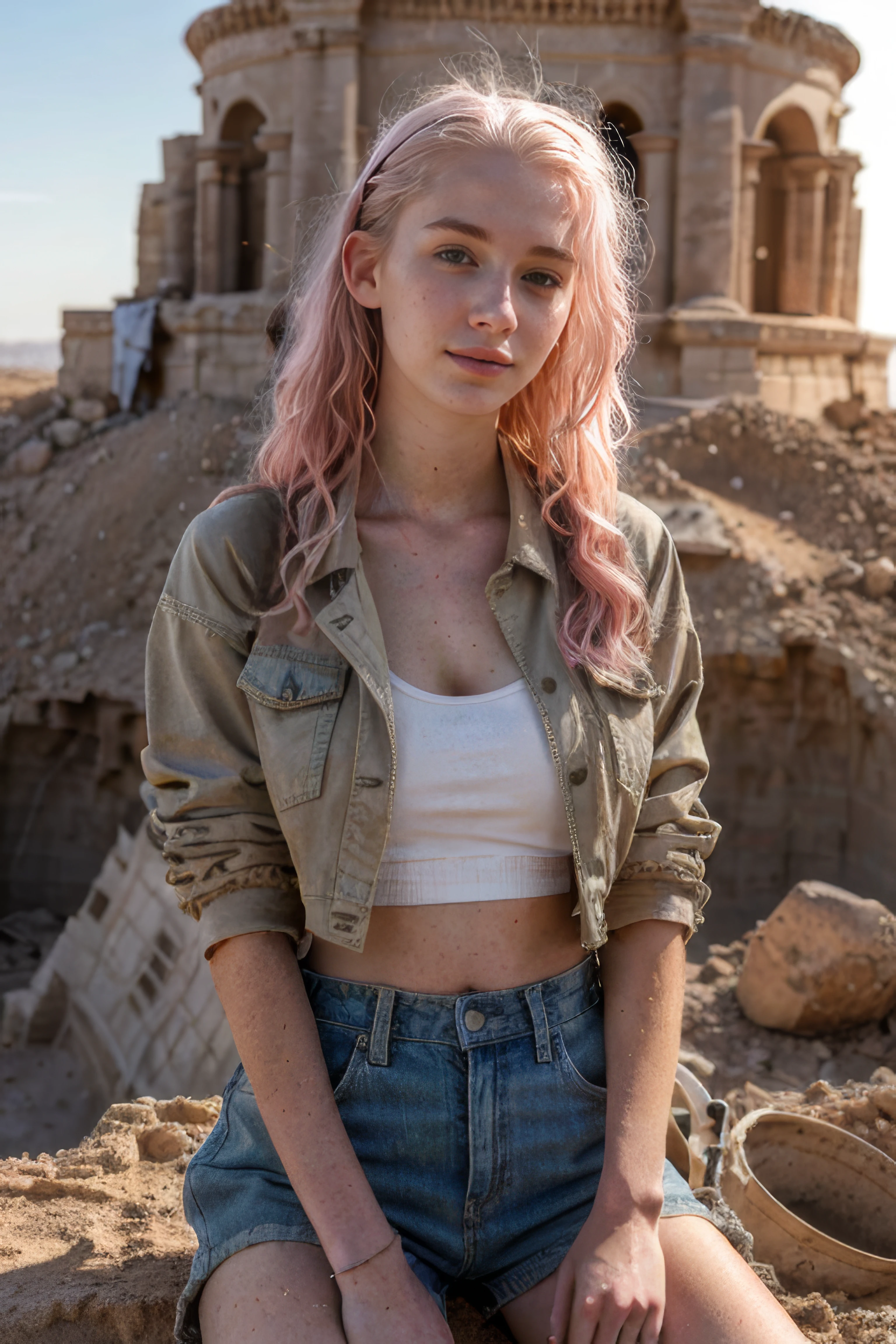 photo of 18 years old American girl, pale white skin, sharp face and tall nose, slight smile, pink hair, messy wavy long hairstyle, cleavage, Button-up work shirt with long sleeves, rolled up sleeves, short khaki cargo shorts,sand, desert, ancient temple and ruins, archeology in a desert with sand and statues,