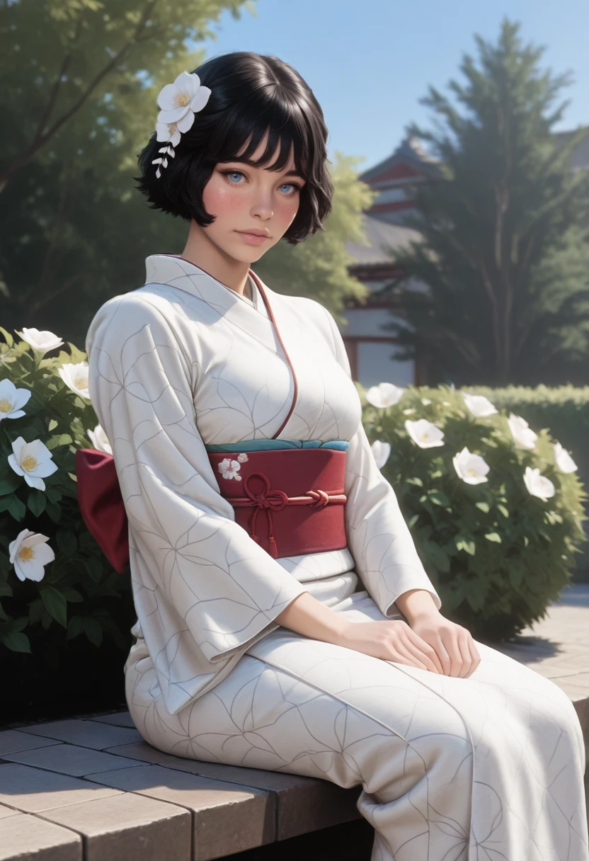 masterpiece, very aesthetic, best quality, absurdres, newest, realistic,
<lora:ILE3Sophie:1.0>
E3Sophie, 1girl, short hair, black hair, blue eyes, looking at viewer, japanese clothes, hair flower, hair ornament, white kimono, sash, outdoors, sitting, obi, blush, white flower, day, long sleeves, wide sleeves, bush