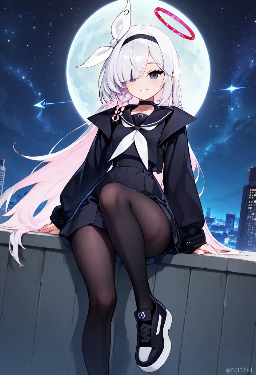 masterpiece, best quality, solo, curvy, beautiful eyes,  narrow waist, wide hips, zzPlana, grey eyes, white hair, bangs, braid, ribbon, halo, hair over one eye, black choker, bow hairband, hairband,  dynamic angle, foreshortening, close up, smile, looking at viewer,   ,       <lora:PlanaBlueArchiveIXL:1.0>, [Celestial Streetwear], Oversized moon hoodie, starglyph tights, platform sneakers, alien earrings, Leaning on a rooftop at night, surrounded by cosmic city lights and a starry sky.