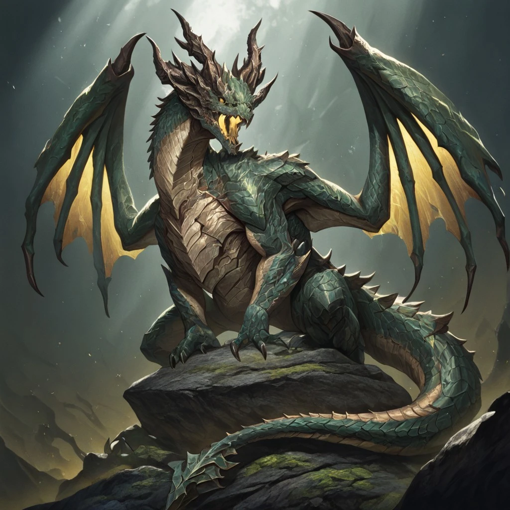 masterpiece, best quality, newest, absurdres, highres, DFAV1.5, 
monster, no humans, dragon, wings, tail, wings, dragon wings, dragon horns, horns, multiple horns, green scales, yellow eyes,