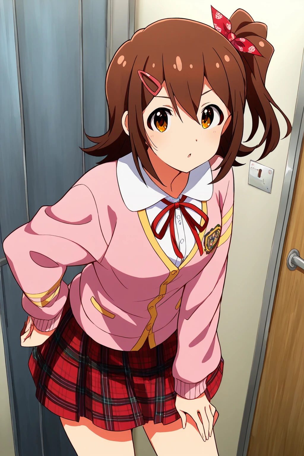 masterpiece,best quality,very aesthetic,absurdres,highres,newest,official art,official style,
1girl,solo,
kasuga mirai,brown eyes,brown hair,hairclip,hair ornament,hair between eyes,one side up,side ponytail,medium hair,
pink cardigan,white shirt,neck ribbon,red skirt,plaid skirt,
<lora:eye_focus_illus:1>,eye_focus,
<lora:idolmaster_kasuga_mirai_ill_v1.0:1>,