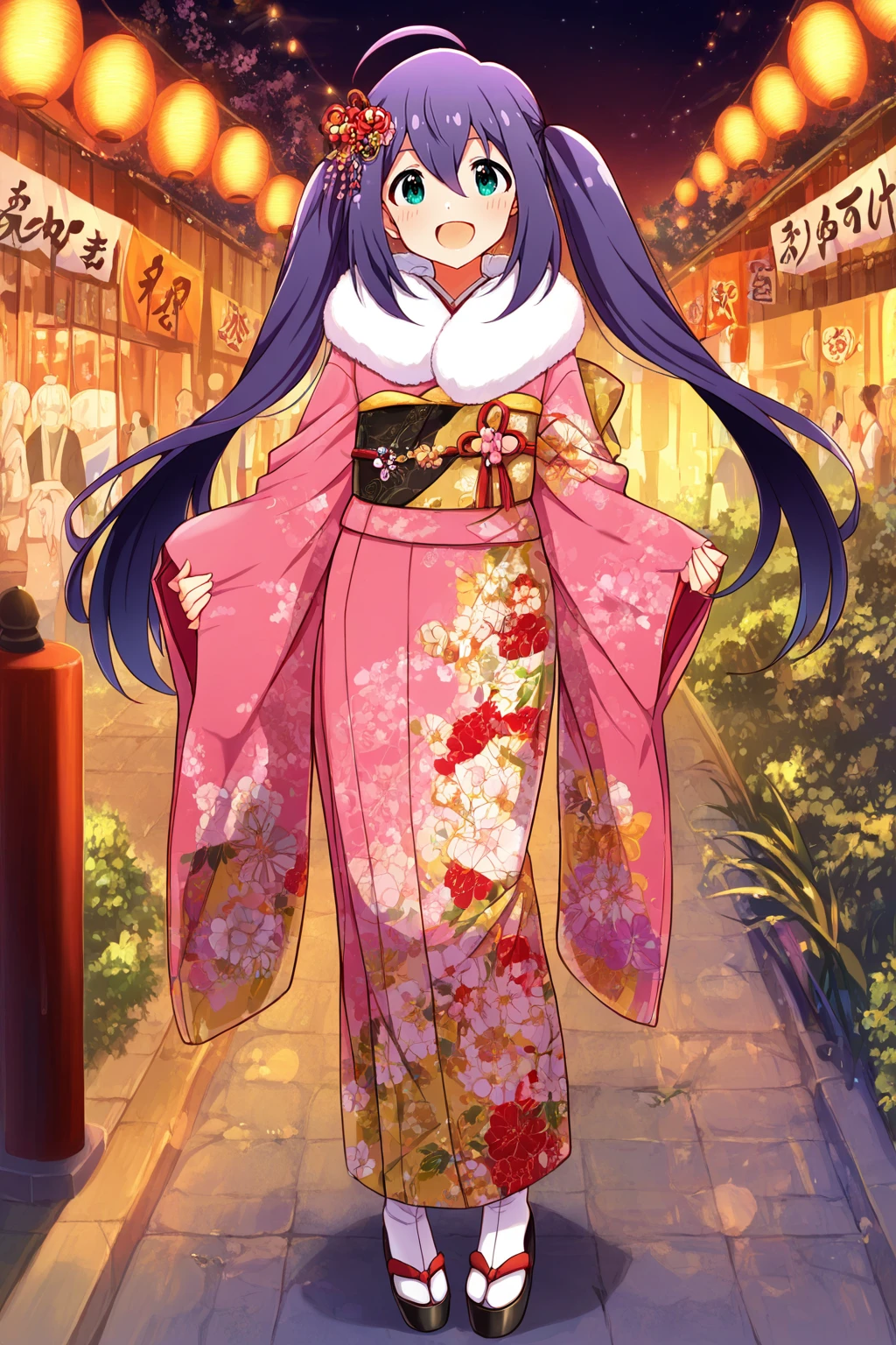 masterpiece,best quality,very aesthetic,absurdres,highres,newest,official art,official style,
1girl,solo,
mochizuki anna,purple hair,green eyes,ahoge,
twintails,
japanese clothes,obi,obijime,obiage,kimono,fur-trimmed kimono,fur trim,
<lora:eye_focus_illus:1>,eye_focus,
standing,full body,
<lora:idolmaster_mochizuki_anna_ill_v1.0:1>,