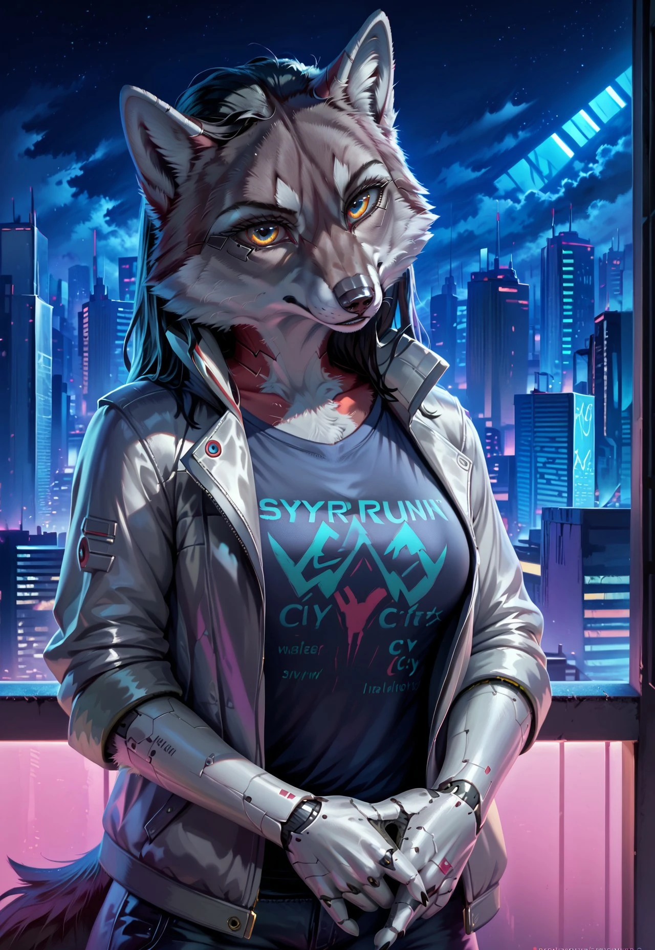 score_9, score_8_up, score_7_up, score_6_up, photorealistic, epiCPhotoGasm-colorfulPhoto, Realistic, highres, super high resolution, 8k, photo, furry, Furry, anthro, fur, wolf, female, long black hair, implants, implant eye, robot, furry, window, cyberpunk, night, cyber city, cyberpunk city, metallic eye, metallic arm, metallic fur, robot, jacket, silver jacket, thin body, T-shirt, night, roof, roofs, implanted hand, roof, city, cyberpunk city, cyberpunk, realistic, detailed, detailed fur,
