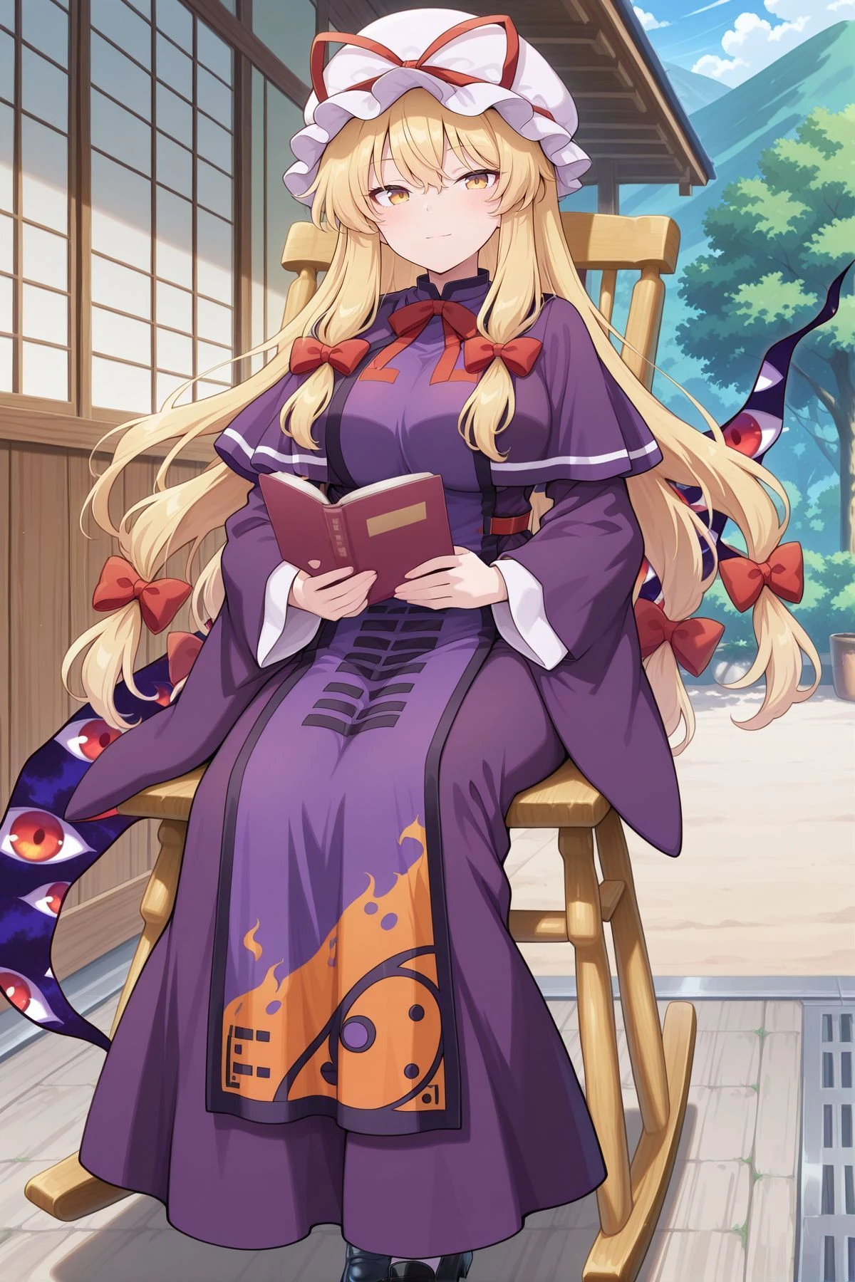 absurdres, highres, masterpiece, best quality, amazing quality, official anime artwork, screencap, anime screencap, outdoors, looking at viewer, light smile, dynamic pose, standing,
<lora:Yukari-Yakumo_IllustriousV2:1> yakumo yukari, 1girl, solo, yellow eyes, blonde hair, long hair, sidelocks, large breasts,, alternate costume, mob cap, hat ribbon, hair bow, red bow, red bowtie, purple capelet, purple dress, wide sleeves, long sleeves, purple tabard, eye print, black shoes, holding book, open book, rocking chair, sitting, gap (touhou),