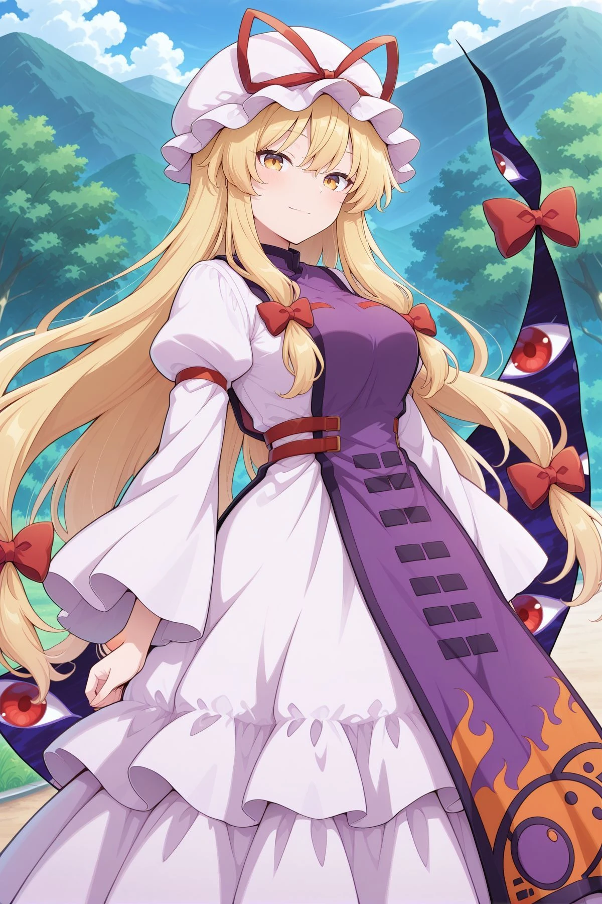 absurdres, highres, masterpiece, best quality, amazing quality, official anime artwork, screencap, anime screencap, outdoors, looking at viewer, light smile, dynamic pose, standing,
<lora:Yukari-Yakumo_IllustriousV2:1> yakumo yukari, 1girl, solo, yellow eyes, blonde hair, long hair, sidelocks,, mob cap, white hat, hat ribbon, hair bow, red bow, white dress, juliet sleeves, puffy sleeves, long sleeves, wide sleeves, purple tabard, gap \(touhou\),