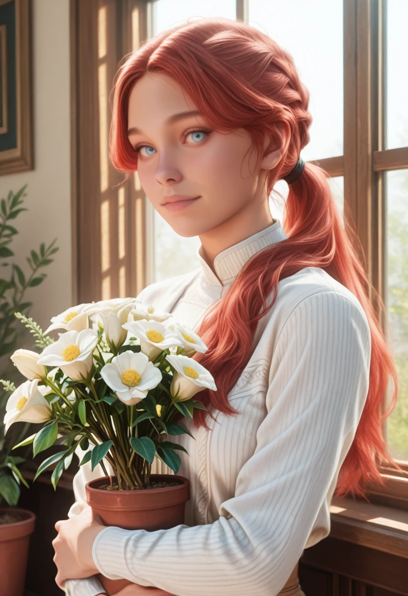 masterpiece, very aesthetic, best quality, absurdres, newest, realistic
<lora:ILE3Maelle:1.0>
E3Maelle, 1girl, red hair, long hair, ponytail, blue eyes, looking at viewer, holds a bouquet of flower, warm sunlight streaming through a window, surrounded by an assortment of potted flowers