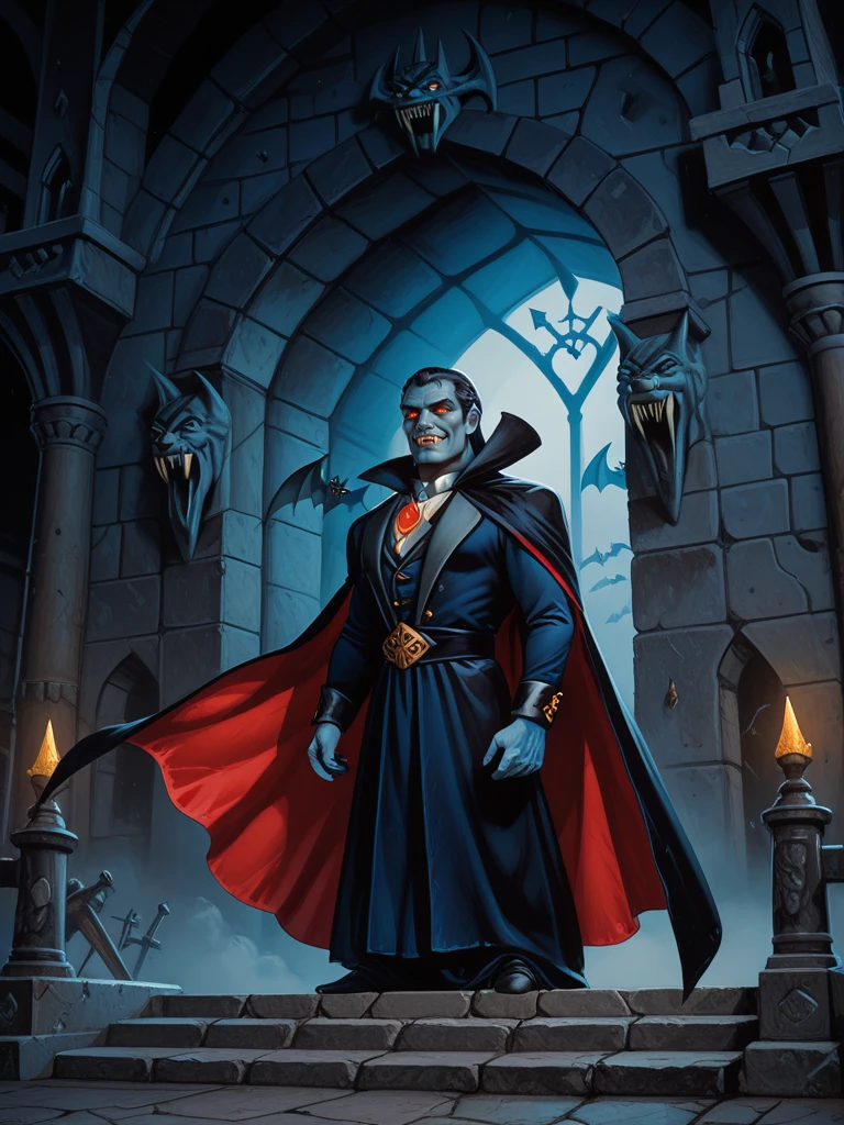 <lora:Strahd:0.7>
strahd,,male,,dark hair, fangs, colored skin, blue skin, glowing eyes,, cape,,
standing in a castle, bats, looking at viewer
smiling, friendly