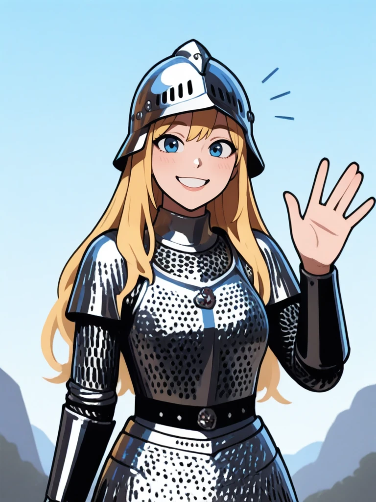 <lora:Aleena__Dungeons__Dragons:0.7>
aleena,,long hair, blonde hair, blue eyes,,
chainmail, helmet,
solo
waving, smiling