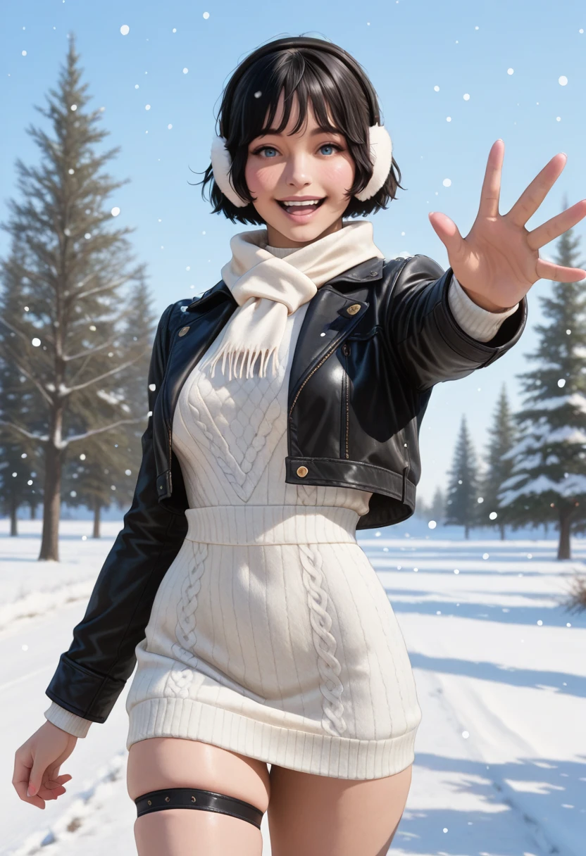 masterpiece, very aesthetic, best quality, absurdres, newest, realistic,
<lora:ILE3Sophie:1.0>
E3Sophie, 1girl, short hair, black hair, blue eyes, looking at viewer, open jacket, outdoors, open clothes, white scarf, outstretched hand, smile, sweater dress, snow, winter, open mouth, earmuffs, long sleeves, tree, skindentation, day, cowboy shot, outstretched arm, blush, :d, cropped jacket, thighs, black jacket, thigh strap, snowing, white sweater, sky
