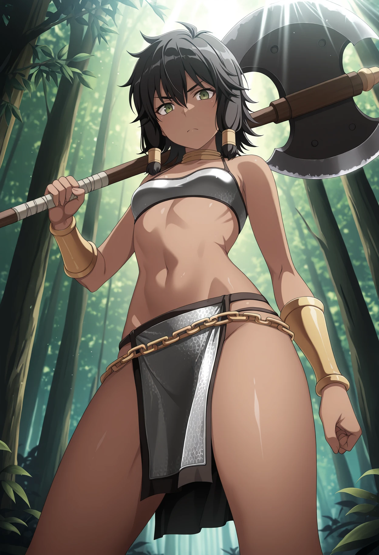 2d, masterpiece, best quality, highly detailed eyes, highly detailed face, video game lighting, cowboy shot, feet out of frame, amazon, amazon-combat, 4girl, mature females, dark skin tone, black navel tattoos, serious expression, standing still, standing, black short hair, beautiful orange eyes, sexy anatomy, y-harness, topless, nipples, leather thong, leather bracers, leather leg bracers, holding scimitar, ((background; jungle, village))