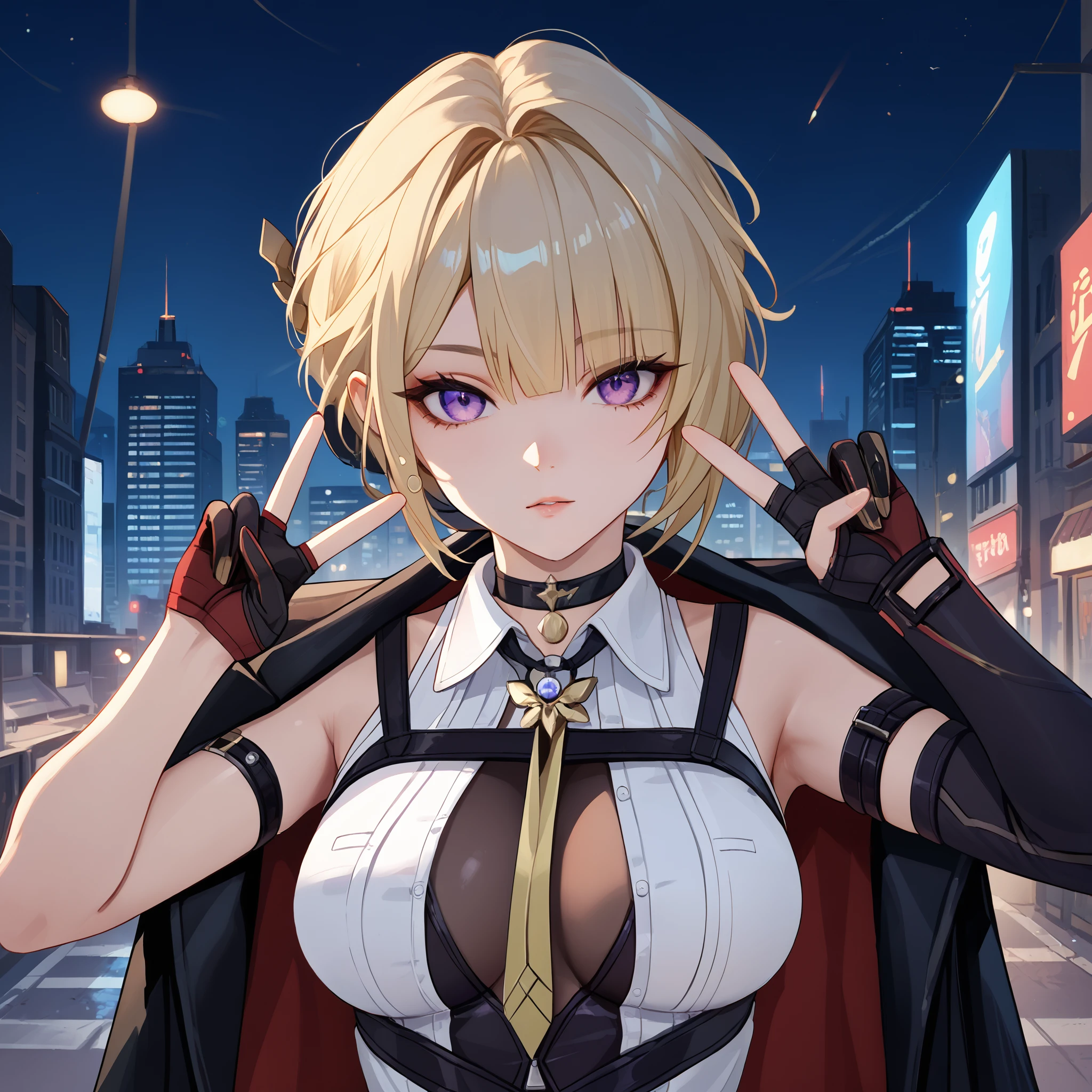top-quality、Top image quality、​masterpiece、girl with((cute little、18year old、Best Bust、Medium bust、Bust 85,Red eyes to issue、Breasts wide open,Valley、Blonde long hair、A slender、Black leather bra、Black leather jacket、White pants、astonished face、）hiquality、Beautiful Art、Background with((nightcity、The ground glows blue、weightless、Floating car、Floating Buildings、Floating people々)),masutepiece、Elaborate design、visualart、depth of fields、The best lighting、highestdetailed、8ｋ,Angle from above