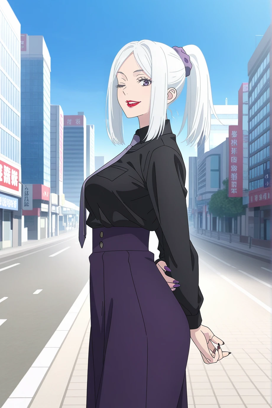 absurdres, masterpiece, best quality, very aesthetic, 1girl, solo,
anime coloring, <lora:MeiMei-IL-v1-08:0.9>, ChopioMeiMei, white hair, looking at viewer,
medium breasts, purple nails, long fingernails, wide hips,
medium hair, high ponytail, sidelocks, hair scrunchie, parted bangs, purple eyes, red lipstick,
outfit_2, black shirt, shirt tucked in, necktie, purple skirt, high-waist skirt, long skirt
outdoors, from side, arms behind back, blue sky, tokyo, akihabara \(tokyo\), day, building, smile, one eye closed, parted lips, teeth, street,