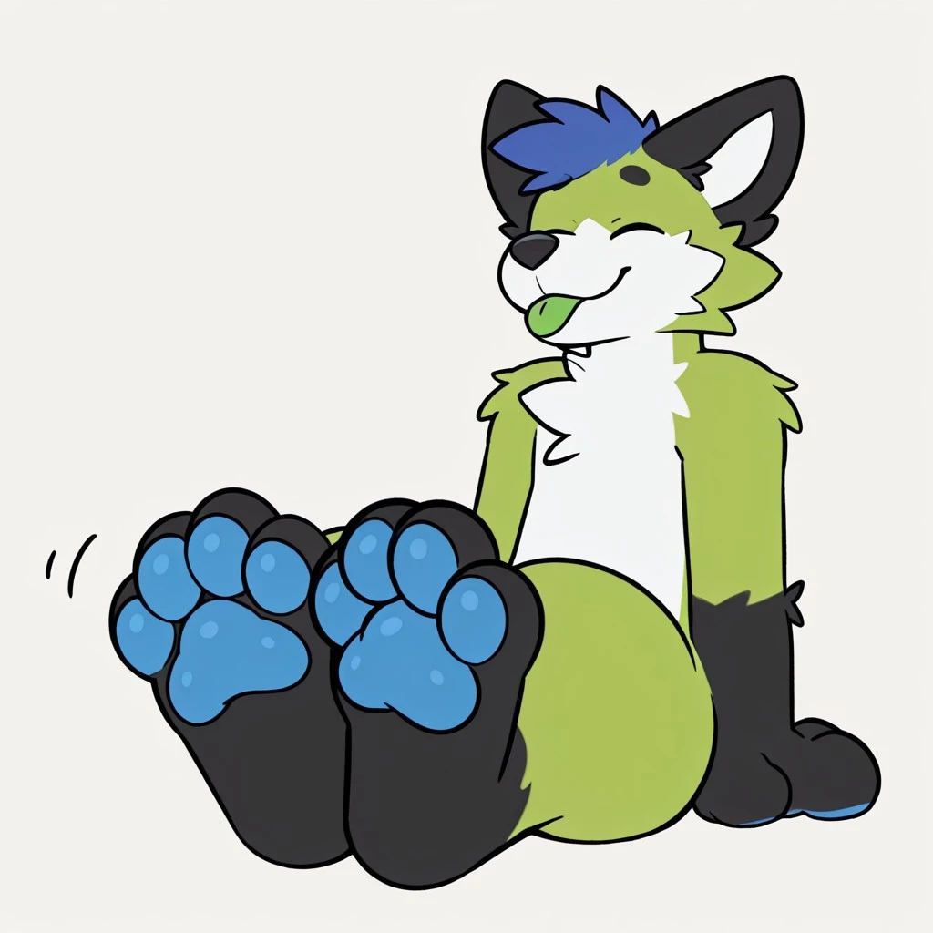 best quality, amazing quality, high resolution, masterpiece, very aesthetic, absurdres, newest, simple art, furry, furry male, anthro, ((bold outlines, bold lines, flat colors)),
zuppu11, (((detailed eyes)), simple background, (((paws, paws focus))), sitting, green tongue, tongue out, blep, smile, eyes closed, excited,
lim3, (((green body, white fur))), (((better quality))), black ears, white inner ear, ((black nose)), blue hair,
black feet, black hands, blue pawpads