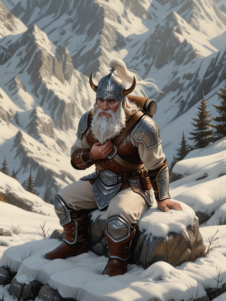 <lora:Flint_Fireforge__Dragonlance:0.7>
dlflint,,white hair, old, facial hair, beard,, masculine, male,, armor, helmet,
sitting on a rock, snowy mountains
clutching his chest, dying