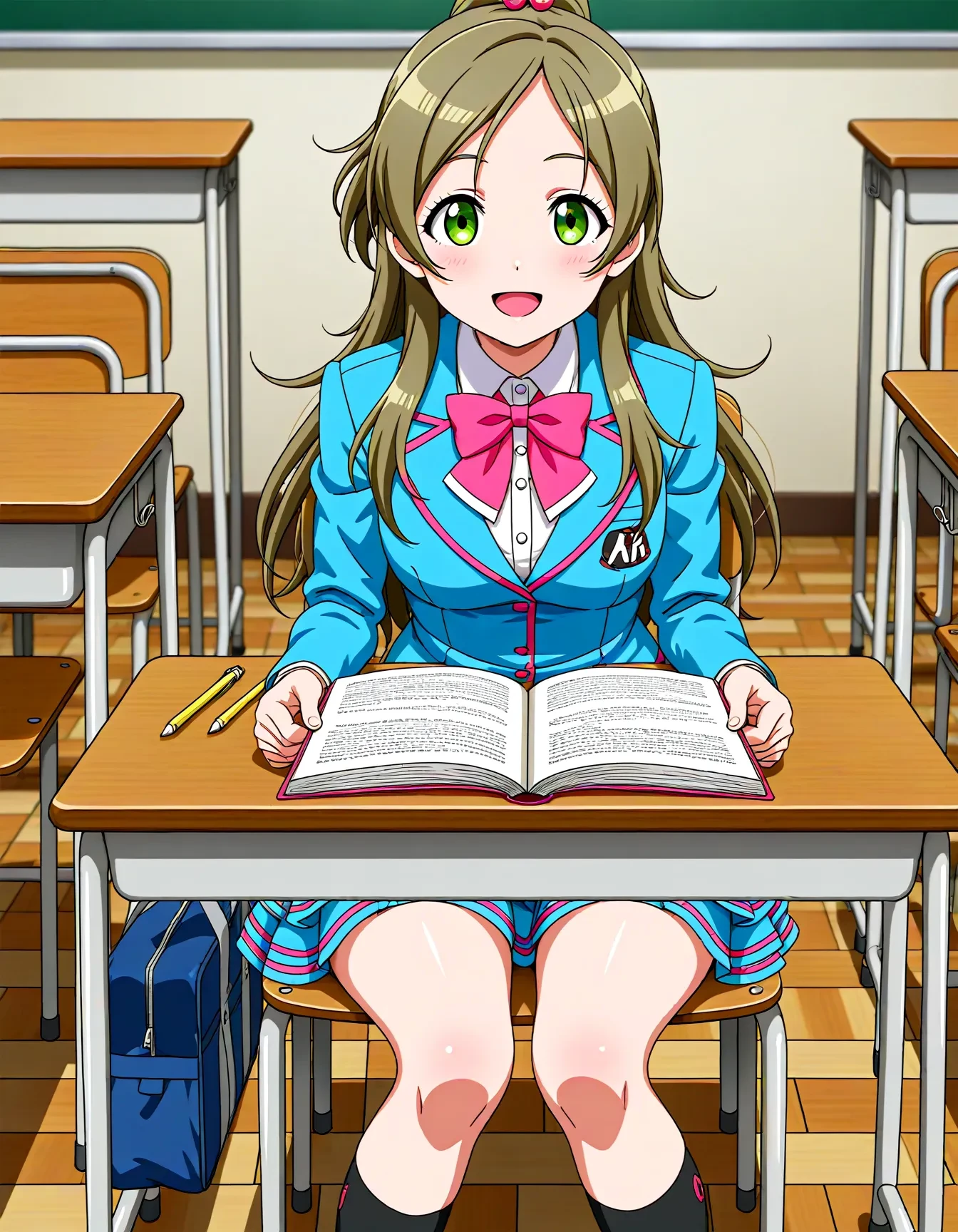 <lora:dmd2_sdxl_4step:1>,1girl,official style,masterpiece,best quality,newest,very aesthetic,highly detailed,high resolution,absurdres,highres,depth of field,super detailed skin,very awa,Anime,anime coloring,anime screencap,<lora:cure_rhythm_V2:1>,minamino kanade,brown hair,blonde hair,long hair,half updo,ponytail,eyelashes,green eyes,hair bobbles,aria gakuen school uniform,blue shirt,blue jacket,blazer,white shirt,long sleeves,pink neckwear,pink bow,bowtie,blue skirt,miniskirt,layered skirt,striped skirt,socks,black legwear,loafers,brown footwear,smile,classroom,school_desk,chair,open mouth,sitting,pencil,open_book,school_bag,