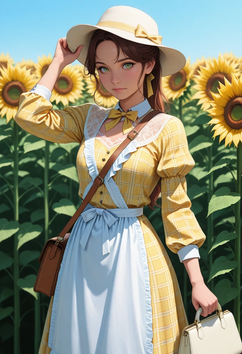masterpiece, very aesthetic, best quality, absurdres, newest,
<lora:ILE3Sciel:1.0>
E3Sciel, 1girl, brown hair, long hair, ponytail, green eyes, looking at viewer, sunflower, yellow flower, hat, yellow dress, white apron, shoulder bag, plaid dress, long sleeves, outdoors, yellow bow, handbag, day, puffy sleeves, hand on headwear, closed mouth, standing, bowtie, lace trim, frills, ribbon