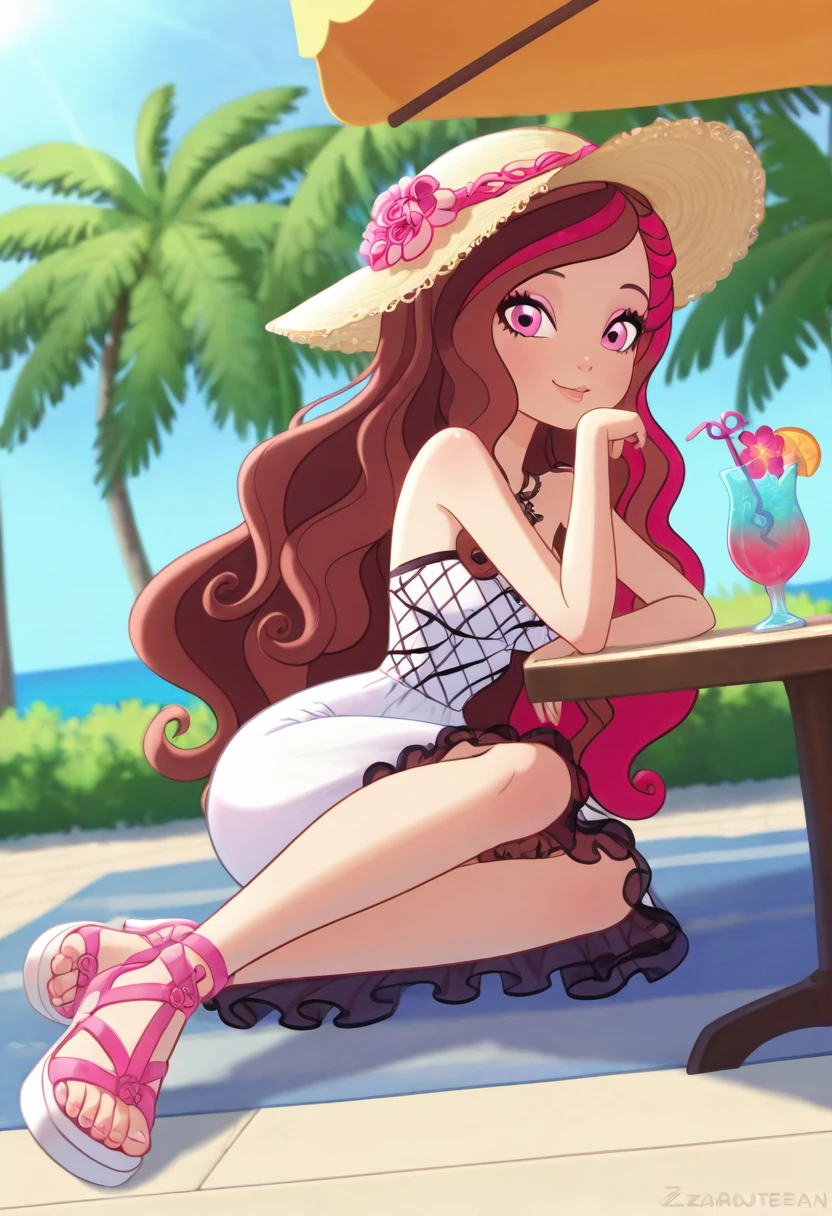 masterpiece, best quality, solo, curvy, beautiful eyes,  narrow waist, wide hips, looking at viewer, smile, zzBriar, pink eyes, brown hair, long hair, multicolored hair, pink hair, red hair, streaked hair, two-tone hair, wavy hair,  ,     <lora:BriarBeautyEAH_IXL:0.8>,  dynamic angle, foreshortening, close up, [Tropical Summer Escape], White sundress, wide-brimmed sun hat, open-toe sandals, windswept hair, Sitting at an outdoor café table under palm trees, sipping from a vivid tropical drink with two straws as ocean breeze tousles the dress in golden sunlight.