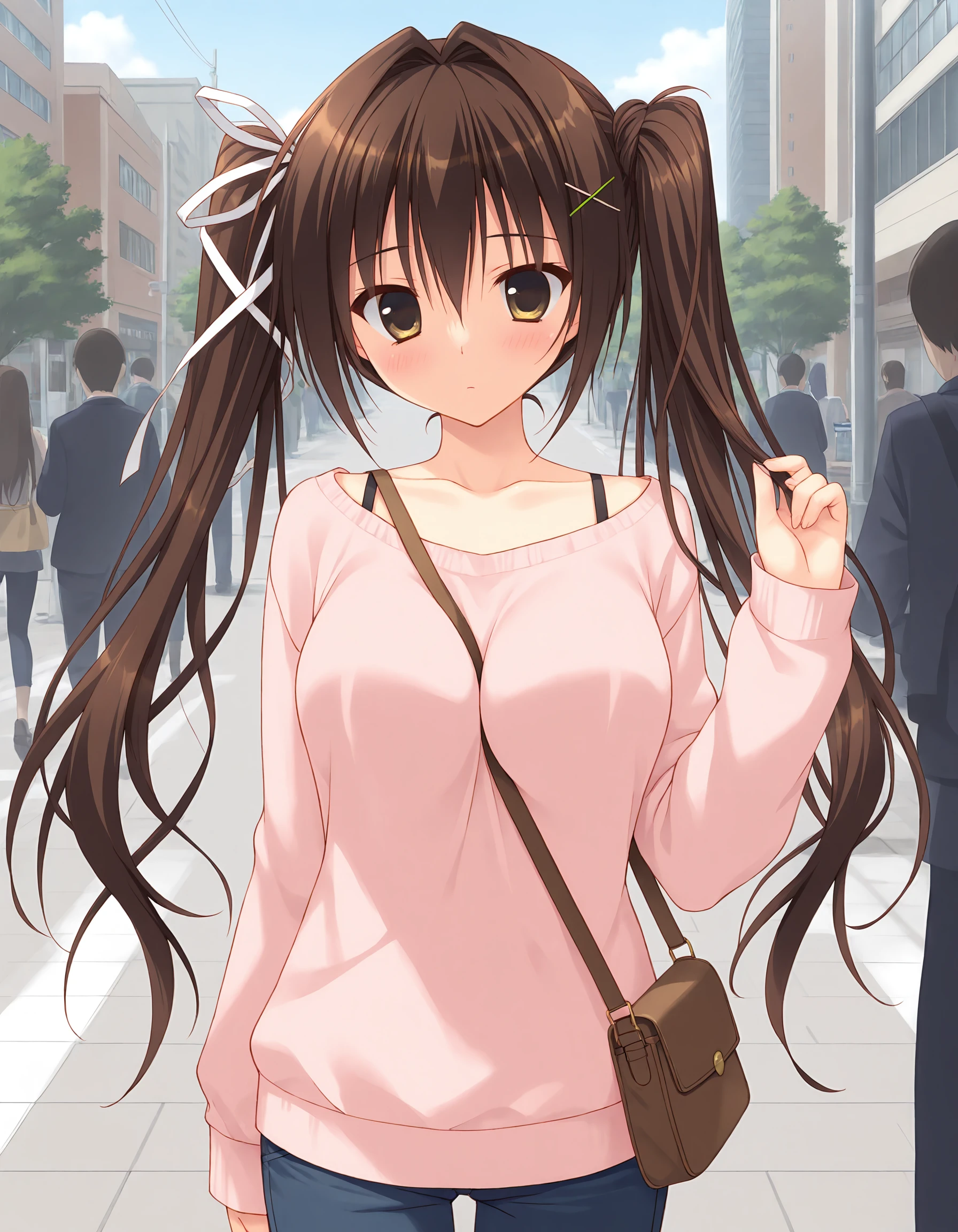 masterpiece, best quality, amazing quality, ultra detail, good anatomy, good hand,
BREAK 1girl, posing, casual, in city, <lora:pai-sura-illustrious:0.7> pai-sura, breasts emphasis, slant bag, bag strap passing between breasts,
BREAK <lora:naseyukana_IL_v1-1:0.7> nase yukana, yellow eyes, brown hair, hair intakes, sidelocks, large breasts, hairclip, hair ornament, x hair ornament, twintails, ribbon, hair ribbon, white ribbon