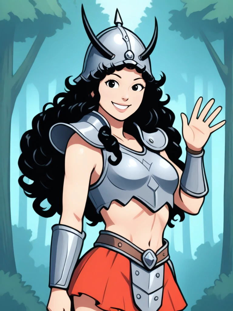 <lora:Telerie:0.7>
telerie,,long hair, black hair, curly hair,,armor, midriff, skirt, helmet,, looking at viewer, smiling, waving
forest, solo