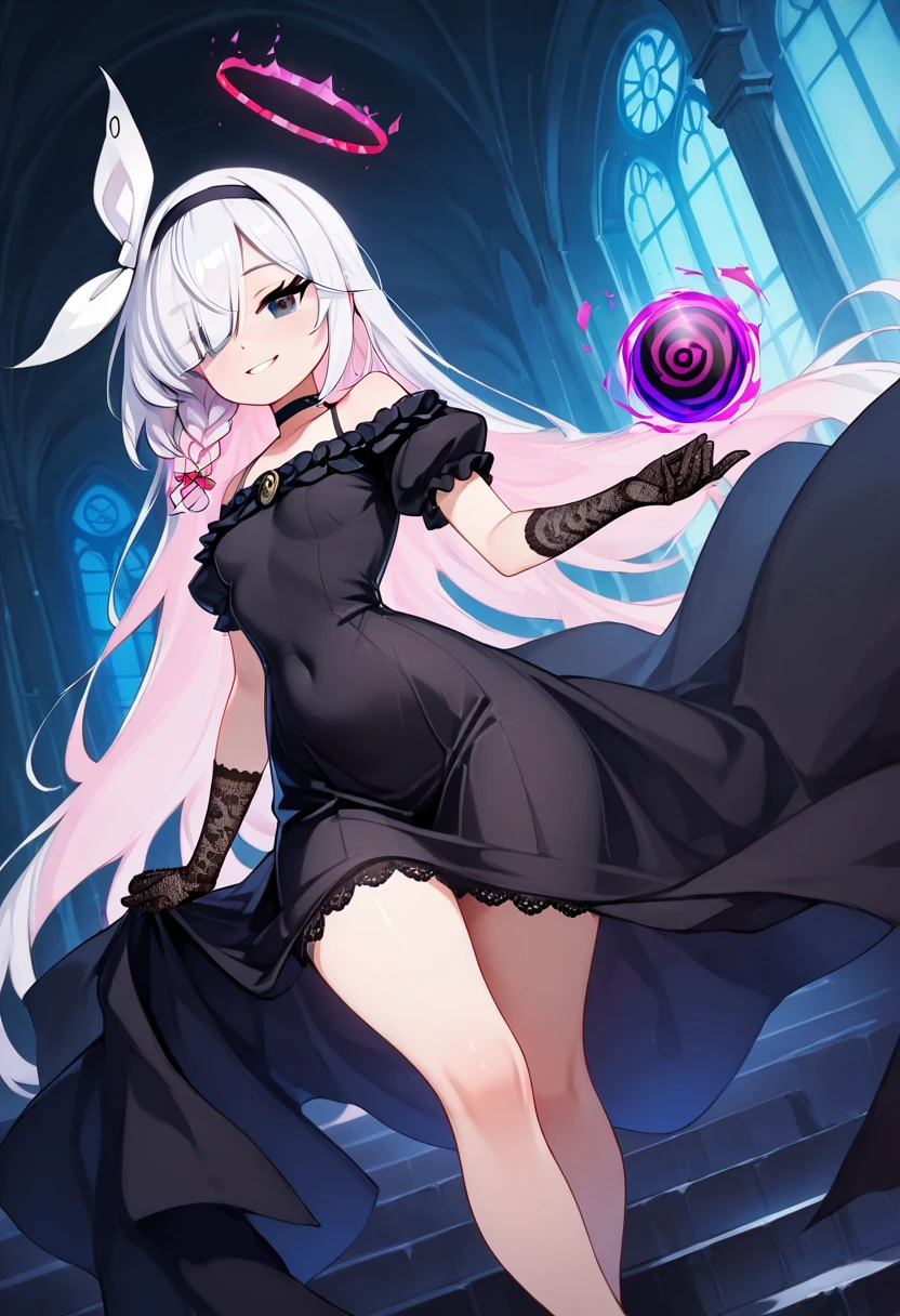 masterpiece, best quality, solo, curvy, beautiful eyes,  narrow waist, wide , zzPlana, grey eyes, white hair, bangs, braid, ribbon, halo, hair over one eye, black choker, bow hairband, hairband,  dynamic angle, foreshortening, close up, smile, looking at viewer,   ,       <lora:PlanaBlueArchiveIXL:1.0>, [Haunted Mansion Ball], Flowing ball gown, lace gloves, Descending a grand staircase in a moonlit mansion filled with eerie elegance and ghostly ambiance.
