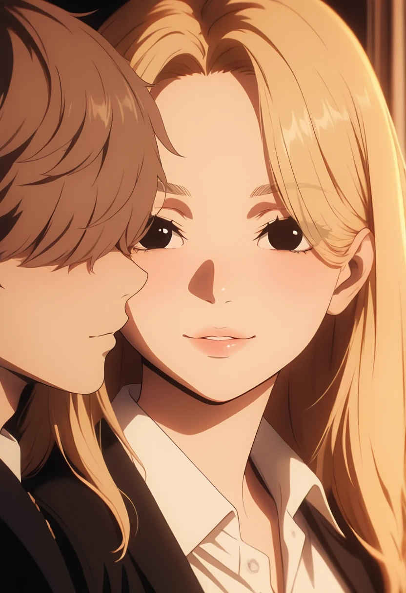 masterpiece, best quality, amazing quality, LDSCH, aesthetic, 1girl, long hair, looking at viewer, smile, short hair, shirt, blonde hair, brown hair, 1boy, closed mouth, jacket, white shirt, upper body, hetero, parted lips, collared shirt, looking at another, black eyes, black jacket, lips, portrait, hair over eyes