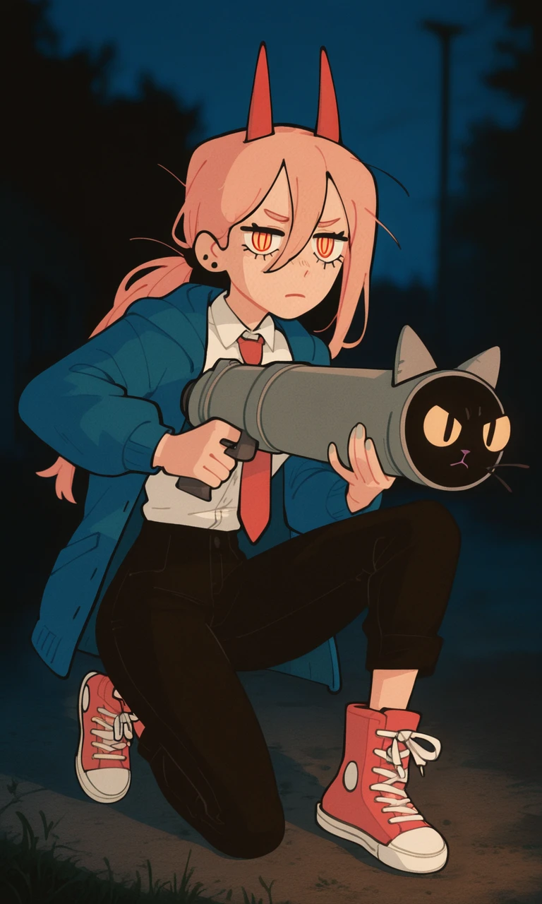embedding:IllusP0s, wwafr, night, cat launcher gun, holding weapon, outdoors, 1girl, expressionless, contrast lighting, blurry background, high top sneakers, white shirt, button up shirt, collared shirt, blue jacket, black pants, red horns, pink hair, red tie, power_\(chainsaw man\), weapon focus,<lora:cat launcher gun_illustrious.safetensors:1.0:1.0> <lora:wwafr-10.safetensors:1:1>