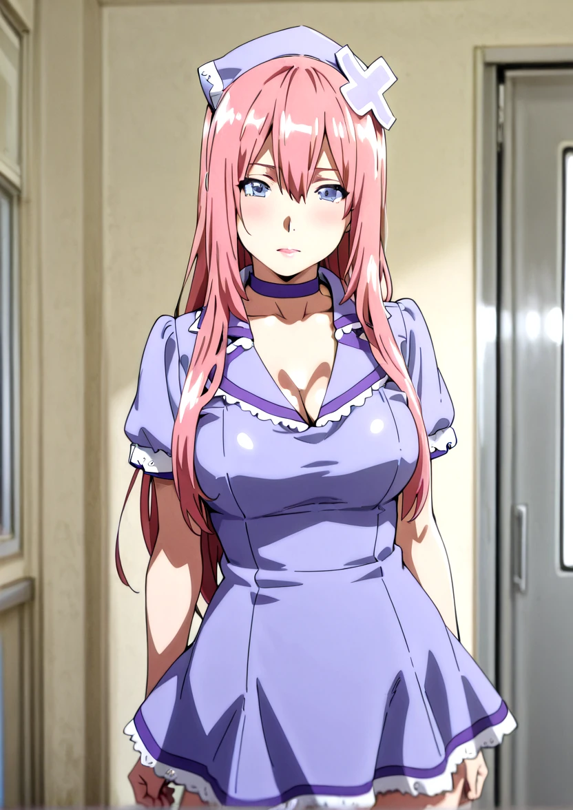 anime_still, masterpiece, best quality, 1girl, Gasai Yuno, (large breasts:1.5), looking at viewer, inside a torture/ kill room, psychopath, serial killer, blood, blood splatter, wearing a black choker, naked apron
