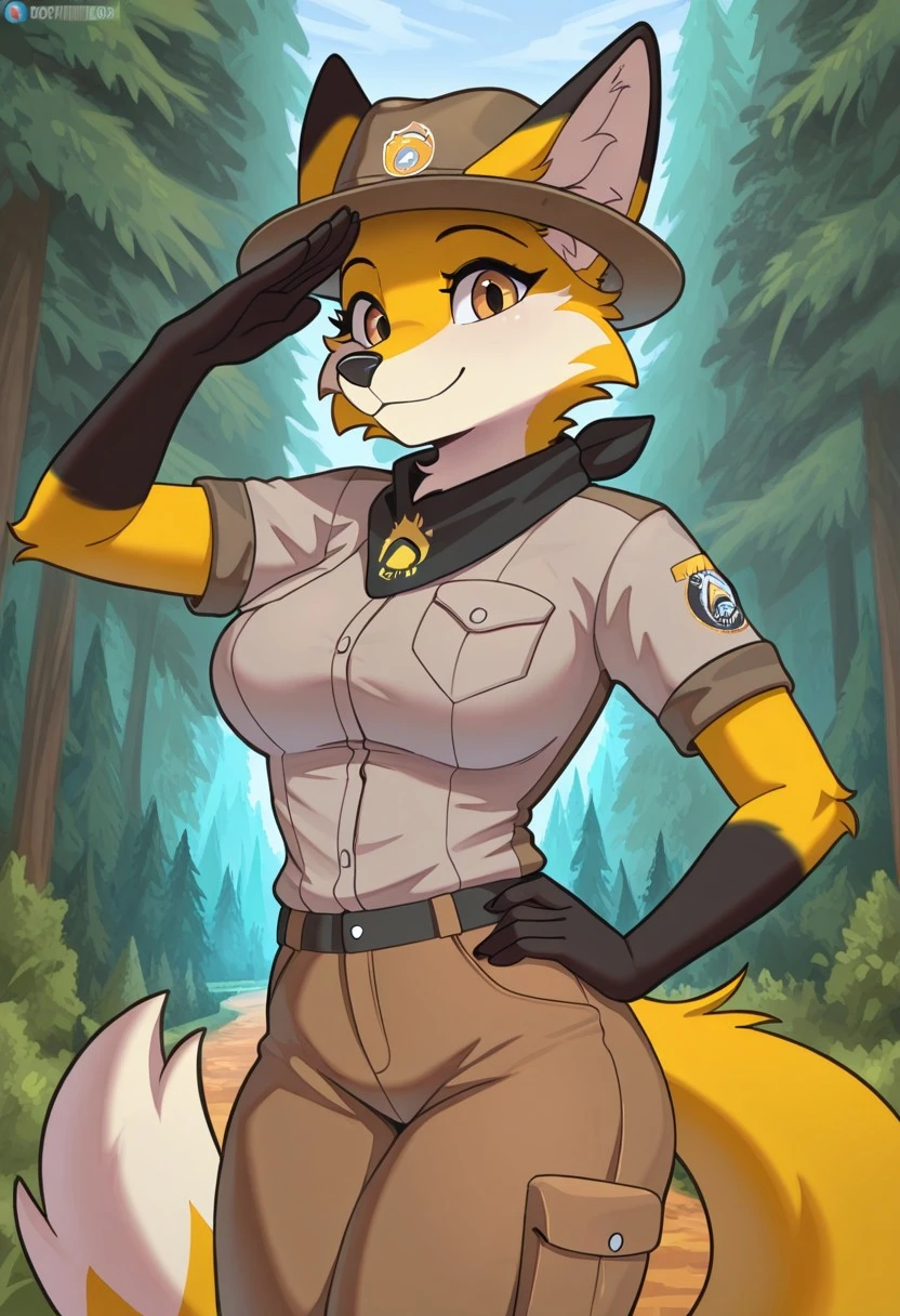 4k, high resolution, best quality, masterpiece, perfect colors, perfect shadows, beautiful and detailed portrait of a (((feminine))), perfect lighting, posted on e621, (by Chunie, by Einshelm), furry, anthro, furry art, ((portrait)), Female fox, red fox, (two-toned fur), furry body black legs from foot to knee,fluffy, fluffy tail, body fur, animal nose,chin fluff, muzzle, Mane,Big fluffy chest tuft, big fluffy neck tuft,fluffy neck, fluffy chest, Lots of fluff, Beautiful brown eyes, fit body, perfect masculine body, detailed fur, detailed face, ((Bonifasko lighting)), fox tail, (detailed eyes), perfect pupils, Tall, brown long hair, Brown long messy hair, Wide hips, big legs, B cup breasts, Fluffy neck, Huge Fox tail, Arms white, ((genitalia slip)), ((genitalia overflow)), genitalia outline on clothing,(huge bulge),male genitalia, big bulge, Forest Ranger, Forest Ranger hat, Forest background, Fire tower in the background, clothed up, with clothes, Forest ranger clothes, forest ranger outfit