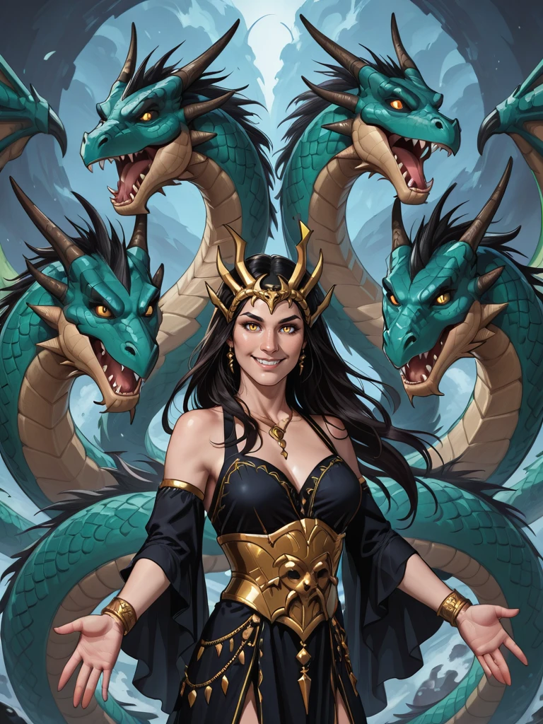 <lora:Takhisis__Dragonlance:0.7>
takhisis,, long hair, dark hair, yellow eyes,,
dress,
looking at the viewer, smiling
dragons, dragon, hydra