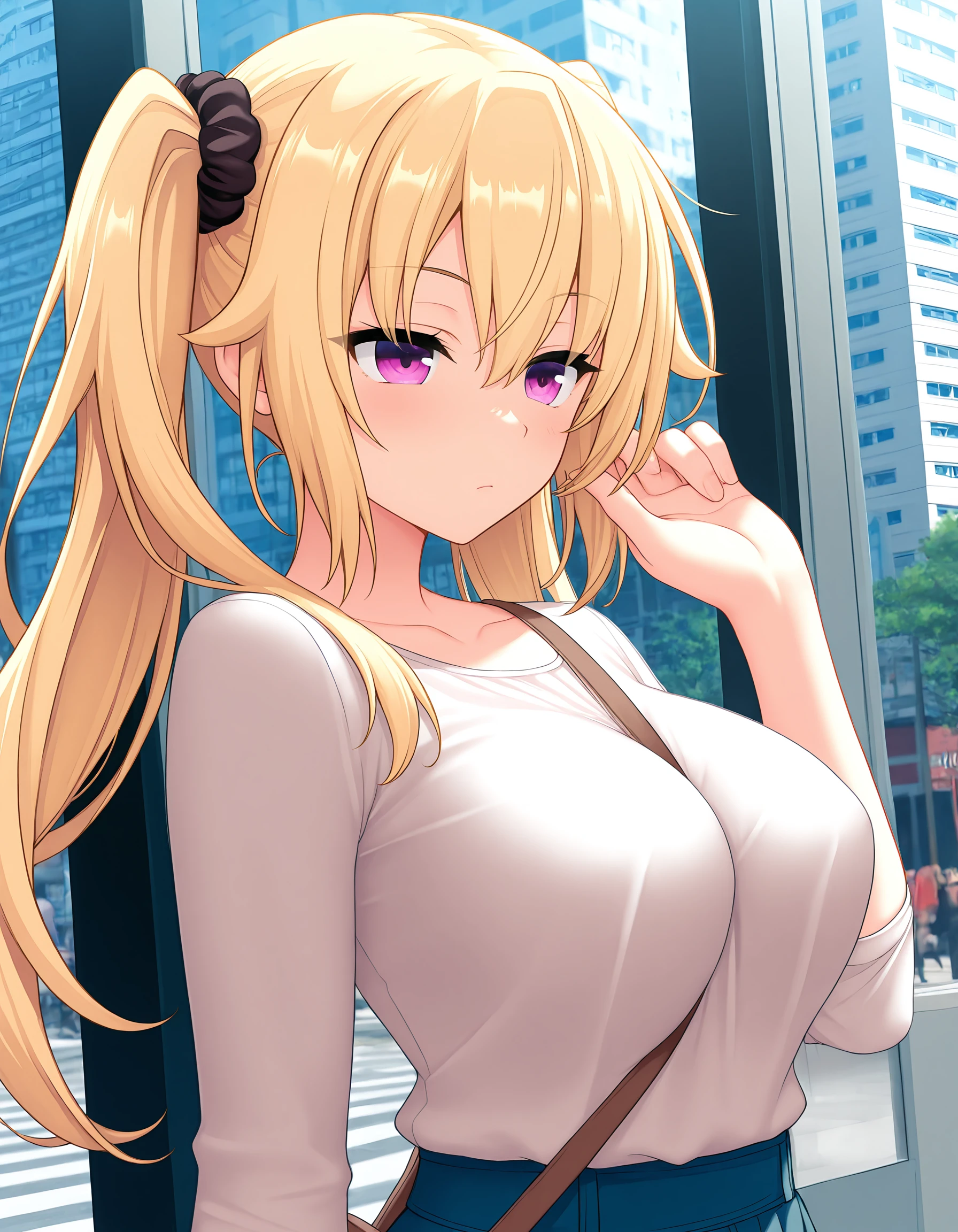 Optimal，masterpiece，High resolution，highest quality，hyper hd，Super detailed，award-winning，16k，alone，（Upper body），correct anatomy，Beautiful Cyberpunk Girl，cowboy shot、cute face，，blonde、long hair、twin tails、Braid, hair line，（（scarlet eyes）），long eyelashes，drooping corners of the eyes，white skin，shoot from the side, ((See-through camisole:1.5)), ((transparent nipples))、rocket tits , ((big breasts)),（because I&#39;thin），