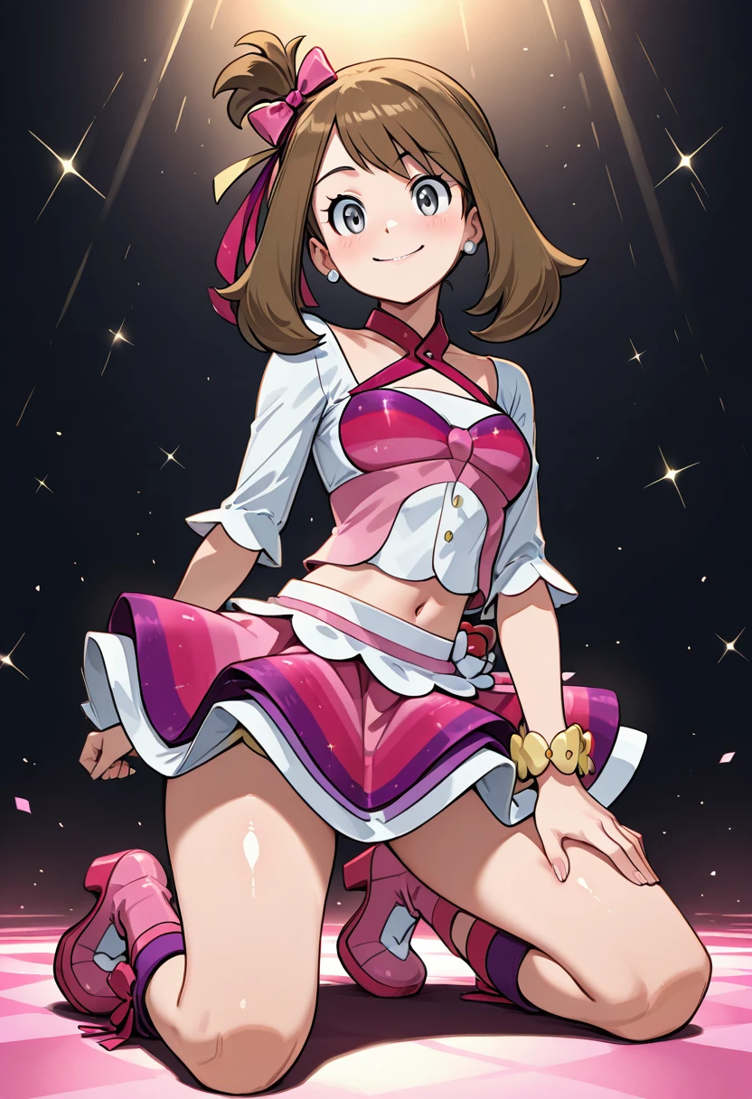 masterpiece, best quality, solo, curvy, beautiful eyes,  zzMayIdol, grey eyes, brown hair, medium hair, one side up, hair ribbon,,, skirt, bow, ribbon, jewelry, hair bow, boots, bracelet, cosplay, idol, <lora:MayContestPokemon_IXL_v2:1.0>,kneeling, side view, hand on thigh, smile, looking at viewer, shiny skin,