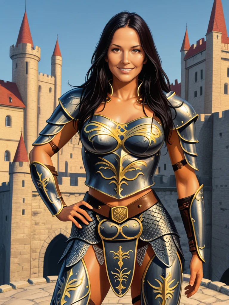 <lora:Mia:0.7>
miawar,,long hair, dark hair,, armor,,
cowboy shot, hand on hip, smile
standing on a castle, looking off into the distance