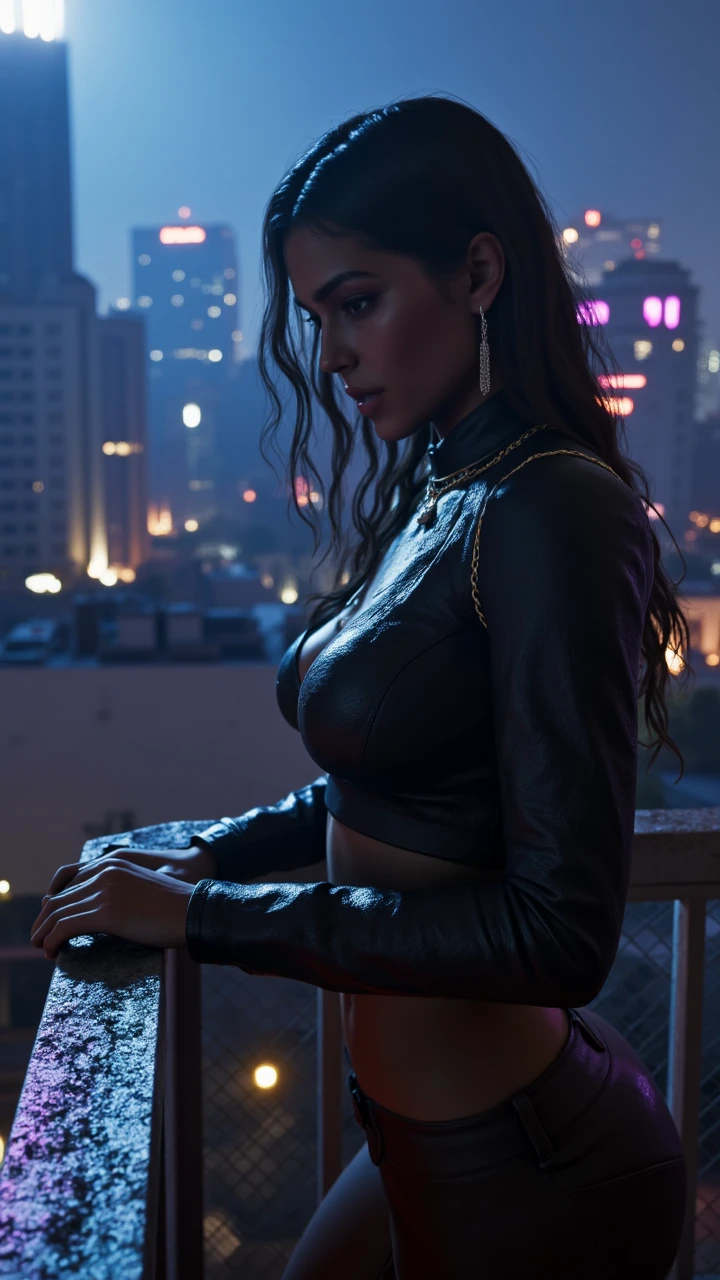 aidmagta6, rain-soaked city rooftop: a beautiful woman in a form-fitting leather jacket and thigh-high boots presses her palm to the wet railing, water droplets sliding down her exposed neck as neon reflections dance on her skin