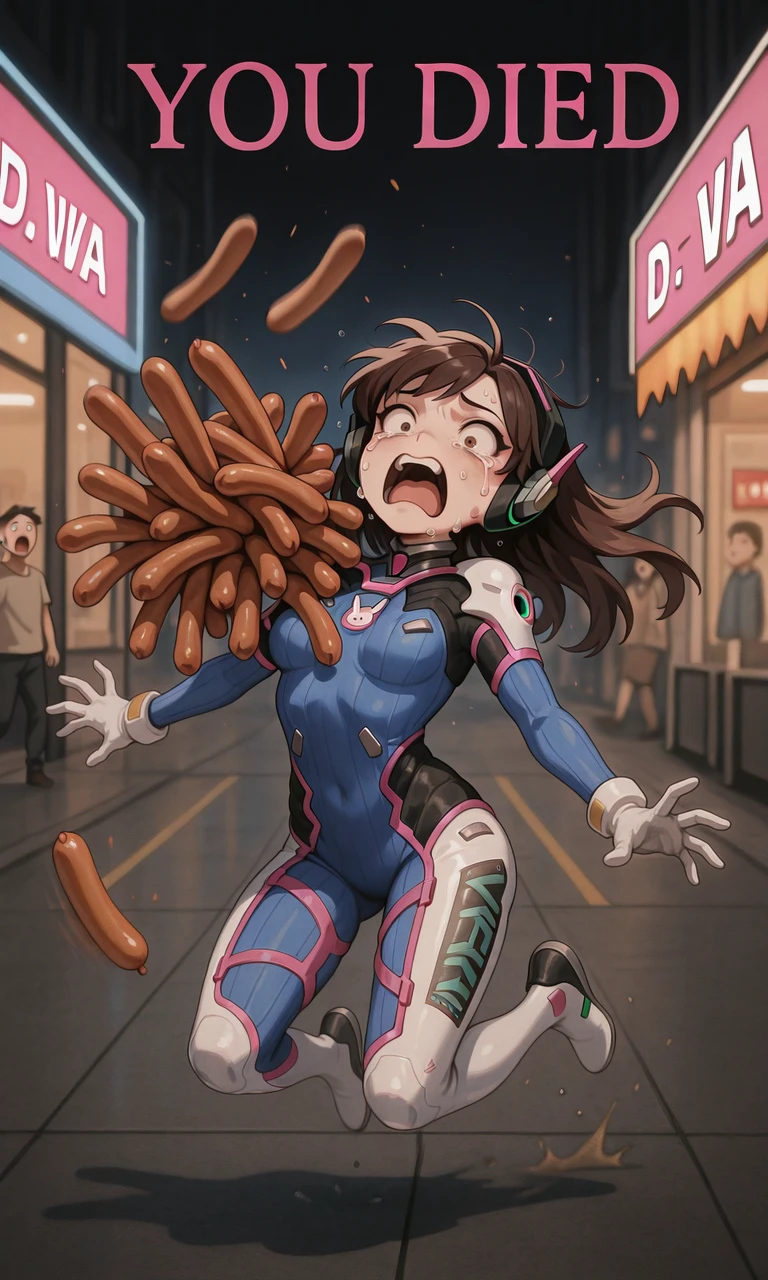 embedding:IllusP0s, you died, defeat, text, hot dogs, falling, surprised, midair, screaming, crying, d.va_\(overwatch\), blurry background, motion blur,<lora:you died_illustrious.safetensors:1.0:1.0> <lora:hot dogs, falling, surprised_illustrious.safetensors:0.6:0.6>