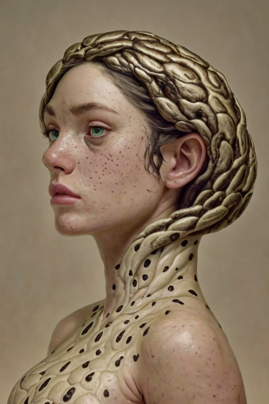 side view, head tilted, a highly detailed digital painting of a young woman with fair skin and freckles, featuring a strikingly realistic style. She has long, dark, wavy hair and expressive green eyes. Her lips are full and slightly parted, giving her a serene yet enigmatic expression. Surrounding her head are three large, green snakes with orange spots, their forked tongues extended as if they are about to taste the air. The snakes' scales are intricately detailed, adding texture to the image. The woman is wearing a light-colored, floral-patterned dress that contrasts with the dark, almost black background. The camera angle is a close-up, focusing on her face and the upper part of her body, with the snakes coiled around her head and shoulders. The lighting highlights her smooth skin and the glossy texture of the snakes' scales, creating a dramatic and slightly surreal atmosphere.