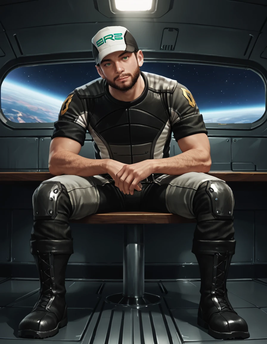 score_9, score_8_up, score_7_up, score_6_up, score_5_up, male focus, solo, <lora:Mass Effect 2 - Joker - Pony-000005:0.8>, jmoreau, 1boy, brown hair, very short hair, green eyes, beard, mustache, uniform baseball cap, uniform shirt, sleeves rolled up, belt, uniform pants, uniform boots, spacecraft interior, looking at viewer, head tilt, sitting, three quarter view, on table, contrapposto