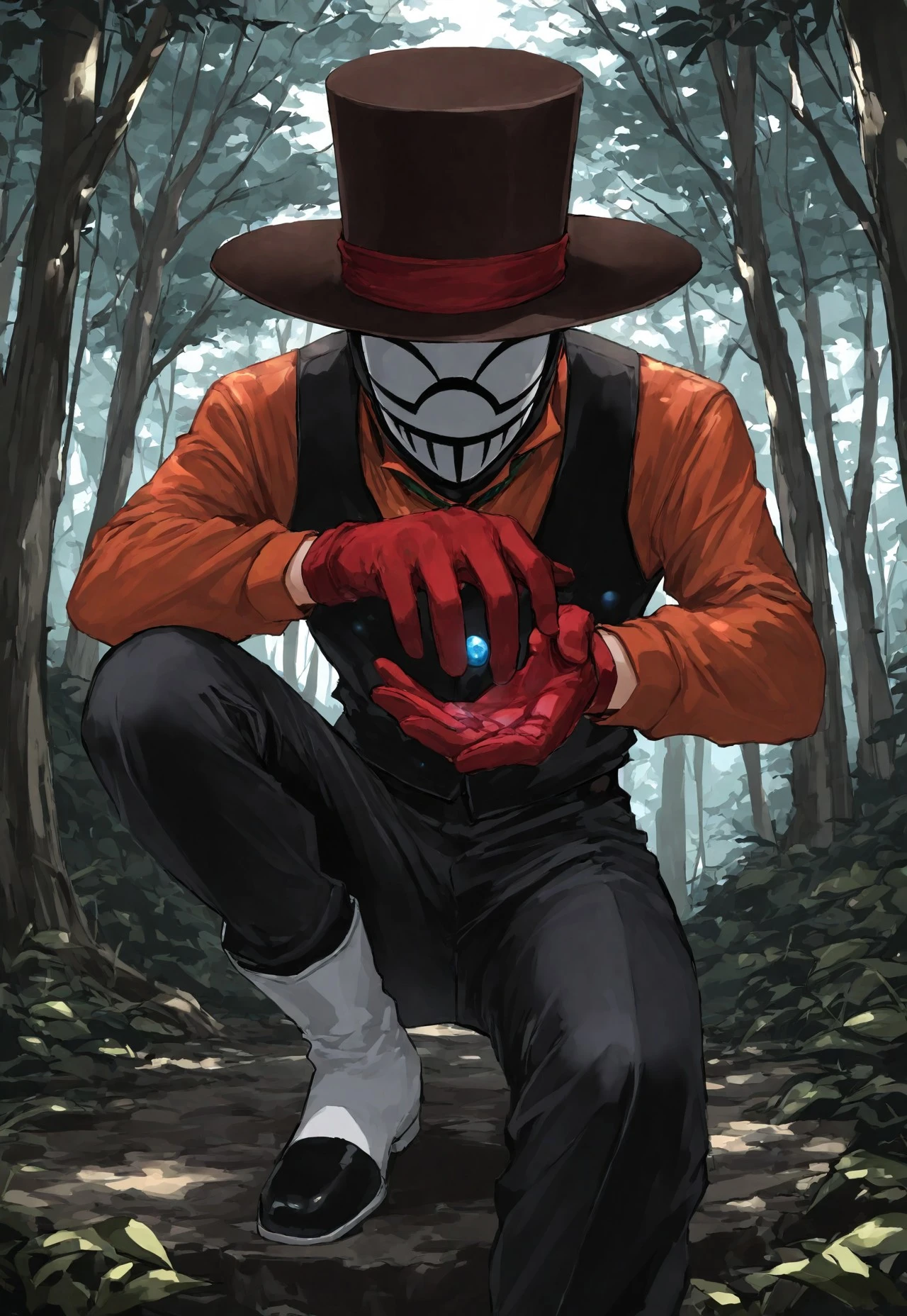 Smooth_Quality, masterpiece, best quality, amazing quality, very aesthetic, absurdres, newest, detailed background, 3ompress, 1boy, solo, top hat, mask, balaclava, shirt, red gloves, pants, boots, holding small marble, forest