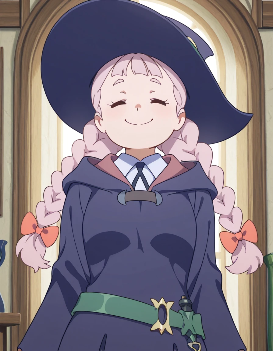 (masterpiece, top quality, best quality, beautiful and aesthetic:1.2), jasminka antonenko, 1girl, solo, plump, closed eyes, long hair, pink hair, braid, twin braids, hair bow, smile, bow, breasts, large breasts, witch hat, witch, luna nova , skirt, long skirt, long sleeves, belt, boots, full body, between legs view, wet panties