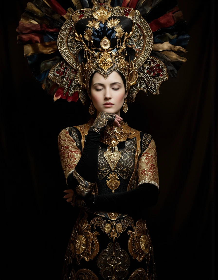 Art by Tigran Matulian. A photo-realistic shoot from a portrait camera angle about a woman wearing ornate black and gold attire with a large, ornate headdress, set against a dark background. the image also shows intricate patterns and a dramatic lighting effect. on the middle of the image, a woman appears to be in her late 20s, with pale skin, closed eyes, and a calm expression. she is wearing a black dress with intricate gold patterns, and her hand is resting on her chin. the woman is positioned in the center of the frame, with her upper body facing the viewer. her hair is styled in a way that frames her face, and she has a serene expression on her face. her eyes are closed and her lips are parted, giving a sense of calmness. her body is slim and her expression is calm. the overall mood is mysterious and alluring.
