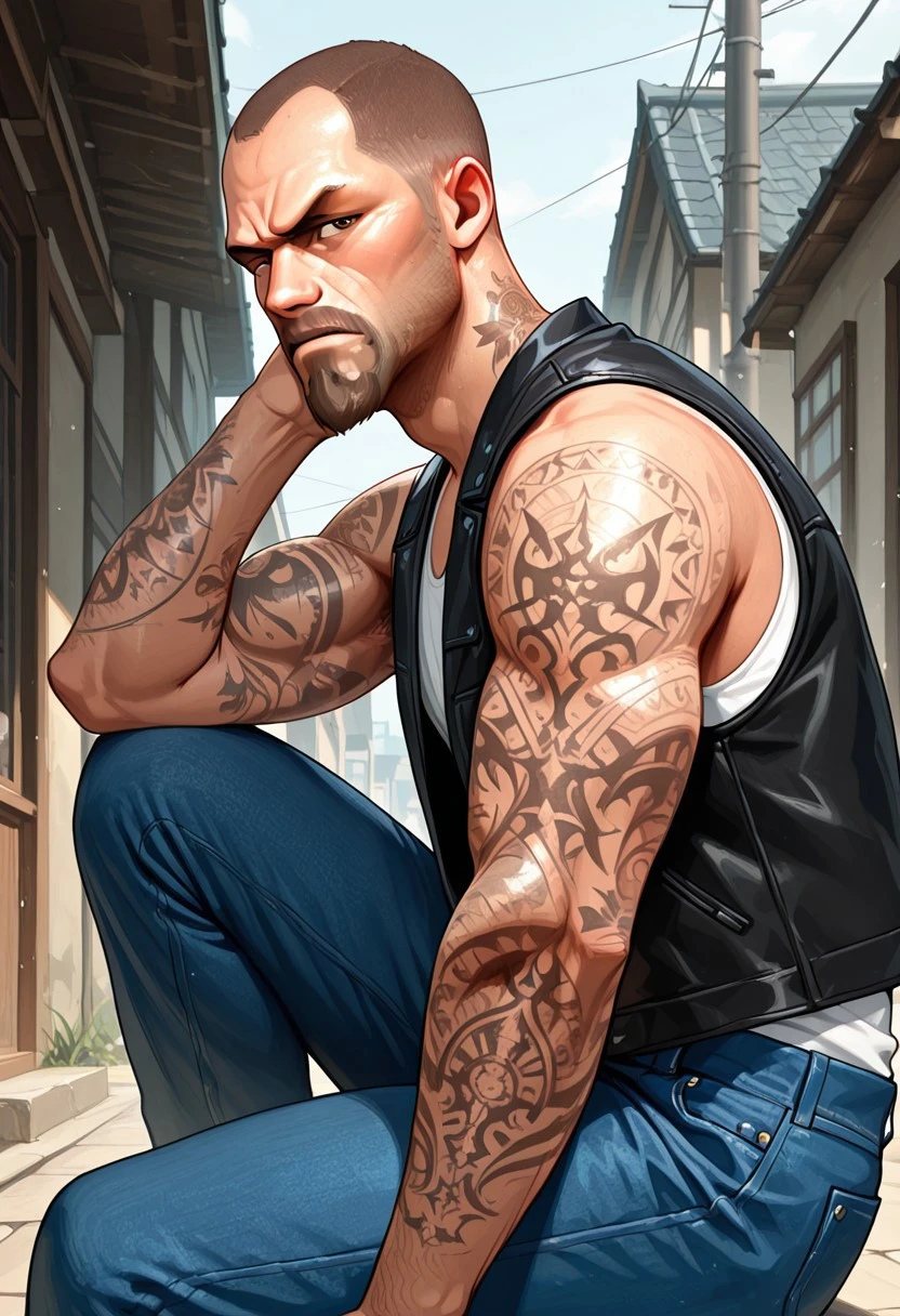 masterpiece, best quality, amazing quality, very aesthetic, absurdres, newest, high quality, detailed, FrancisL4D, 1boy, male, solo male, human, broad shoulders, mature male, brown eyes, athletic build, sleeve tattoos, shaved head, goatee, mustache, facial hair, stubble, scruffy, black leather vest, white tank top, scowl, looking at viewer, half body, outdoors, jeans, sitting, side view, one knee raised