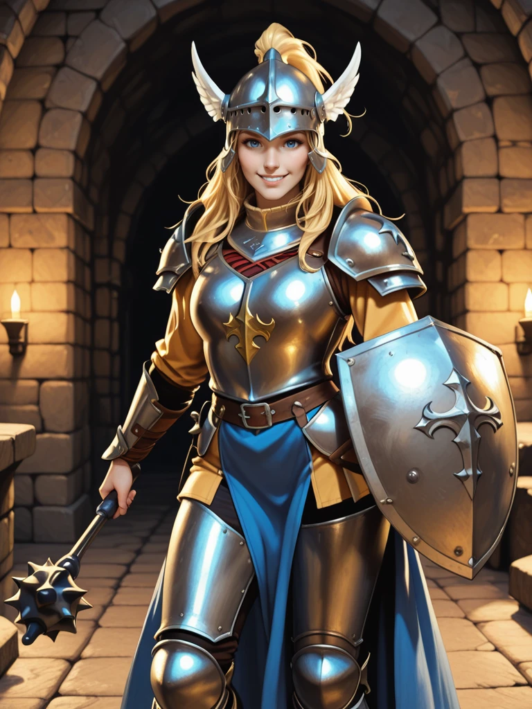 <lora:Aleena__Dungeons__Dragons:0.7>
aleena,,long hair, blonde hair, blue eyes,,
armor, helmet, mace, shield,,
standing in a dungeon, looking at viewer, smiling