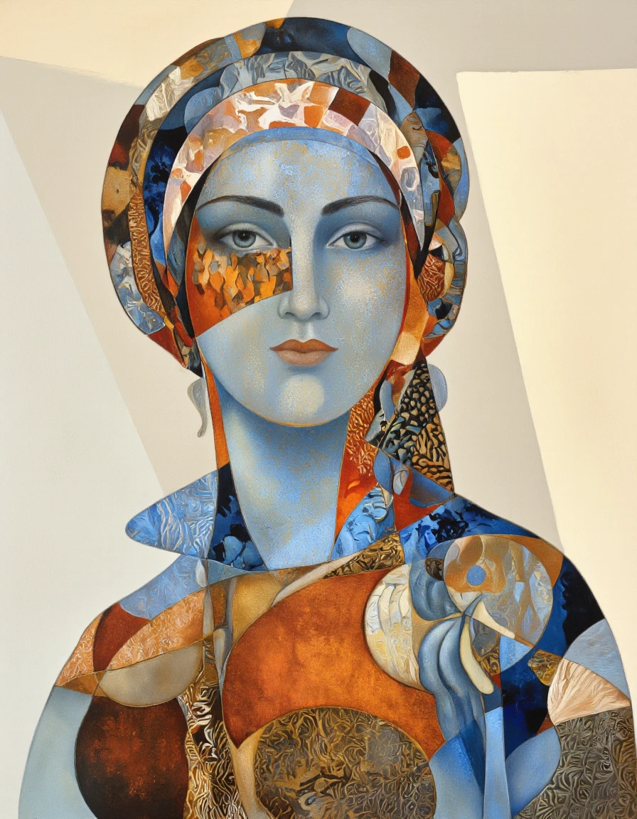 Art by Tigran Matulian. A highly detailed and realistic digital illustration of a woman's face and upper body, created with a blend of geometric patterns in shades of blue, orange, and brown. the woman, who appears to be in her mid-twenties, has fair skin, blue eyes, and a serene expression. she is positioned in the middle of the image, with her upper body facing the viewer. her hair is styled in a headscarf, and she is wearing a turban. the background is a simple gradient of light beige, which contrasts with the vibrant colors of her face and body. the image also features intricate patterns and textures, which create a sense of depth and dimensionality.