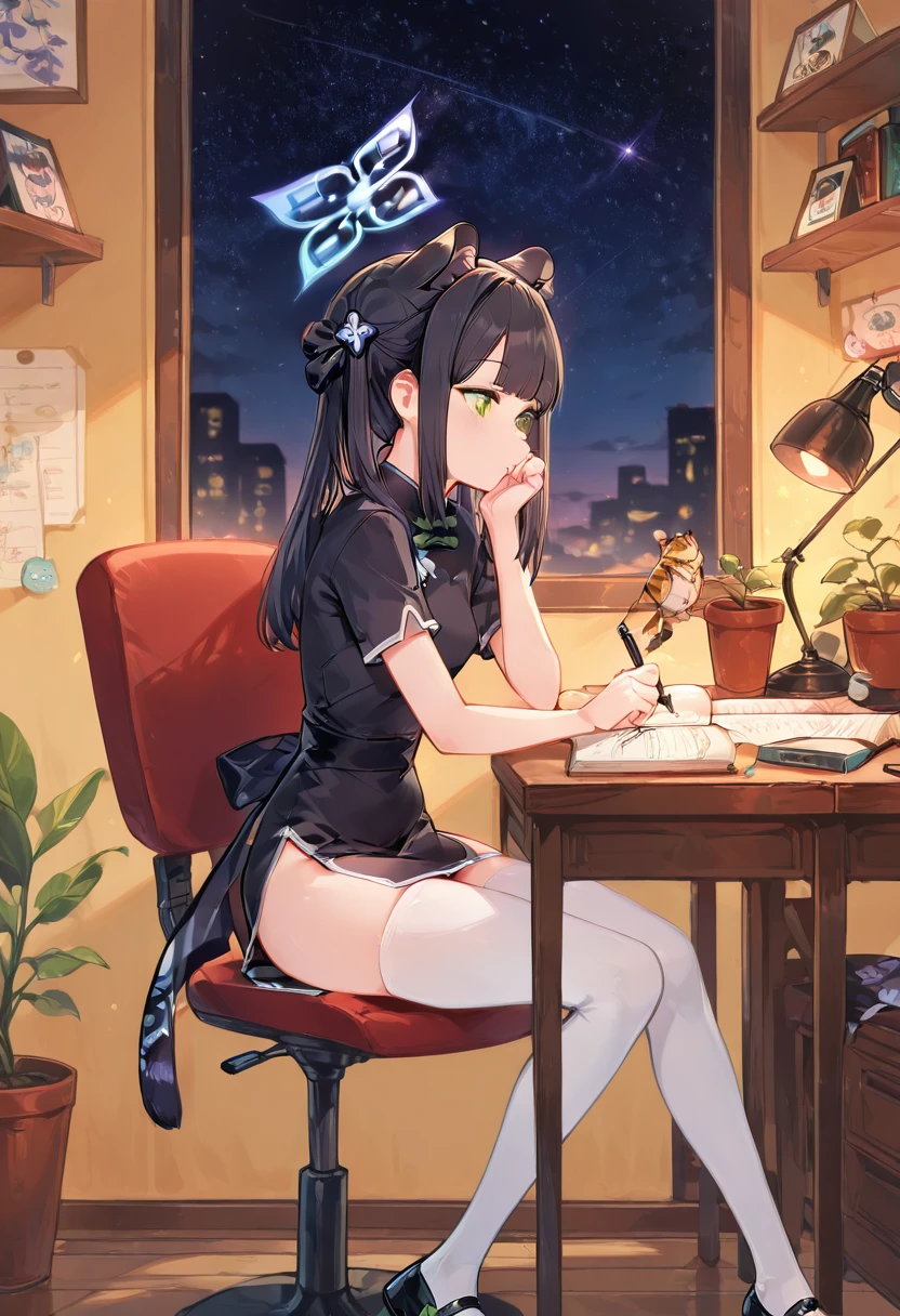 masterpiece, best quality, solo, curvy, beautiful eyes, narrow waist, wide hips, zzShun, green eyes, black hair, blunt bangs, long hair, animal ears, tiger ears, halo, animal ear fluff, twintails, tiger girl, extra ears, black dress, black footwear, china dress, shoes, short sleeves, white thighhighs, , <lora:ShunBlueArchiveIXL:1.0>, , zzLofi, sitting, side view, desk, chair, book, bookshelf, head rest, holding, holding pen, lamp, night, open book, pen, plant, potted plant, sky, star (sky), starry sky, window, windowsill, writing, <lora:LofiGirl_Style_IXL:0.8>,