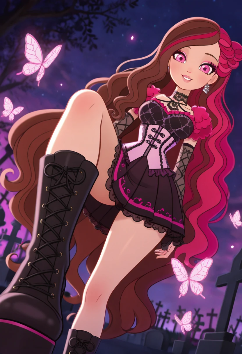 masterpiece, best quality, solo, curvy, beautiful eyes,  narrow waist, wide hips, looking at viewer, smile, zzBriar, pink eyes, brown hair, long hair, multicolored hair, pink hair, red hair, streaked hair, two-tone hair, wavy hair,  ,     <lora:BriarBeautyEAH_IXL:0.8>,  dynamic angle, foreshortening, close up, [Pastel Goth Dreamscape], Pastel corset, mesh sleeves, black lace choker, pleated skirt, platform boots, Wandering a glowing, lavender-toned graveyard filled with surreal light and dreamlike butterflies.