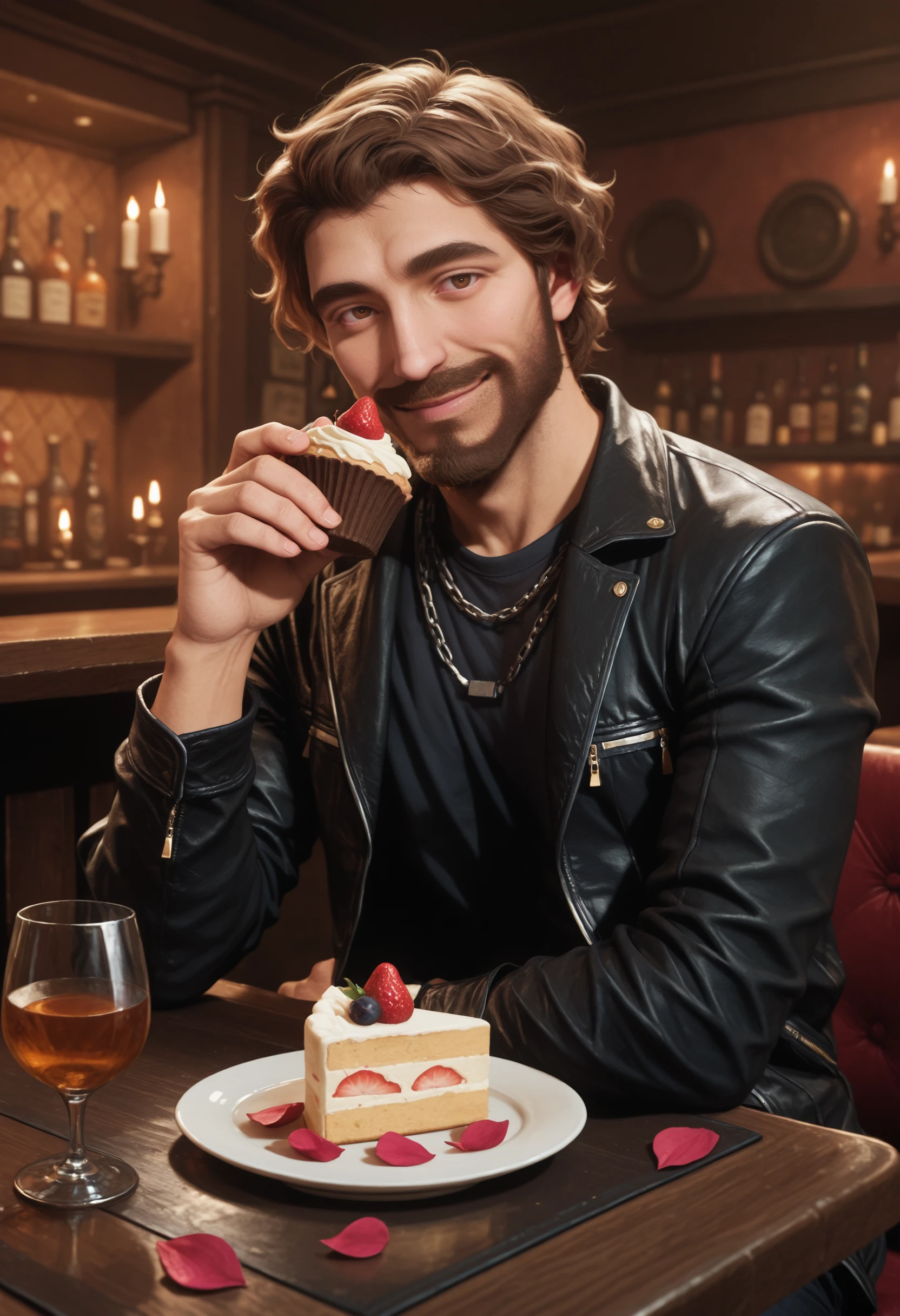 masterpiece, very aesthetic, best quality, absurdres, newest, realistic
<lora:ILE3Gustav:1.0>
E3Gustav, 1boy, male focus, short hair, brown hair, brown eyes, beard, looking at viewer, male focus, leather jacket, bottle, black shirt, chain necklace, smile, black jacket, cake slice, holding food, indoors, plate, bar (place), alcohol, table, drinking glass, open jacket, fruit, blurry background, open clothes, petals, hand up, zipper, candle, sitting, cupcake