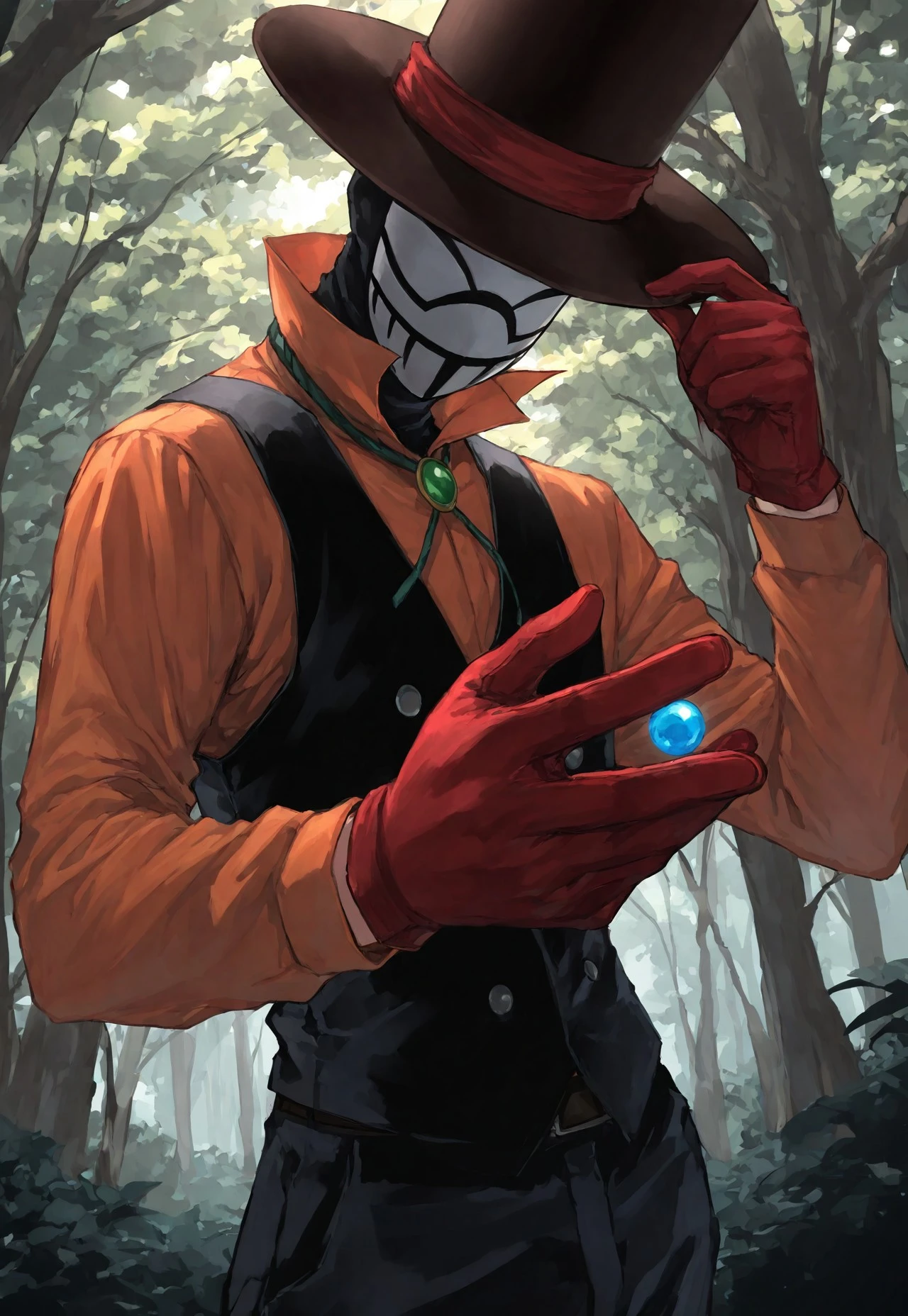 Smooth_Quality, masterpiece, best quality, amazing quality, very aesthetic, absurdres, newest, detailed background, 3ompress, 1boy, solo, top hat, mask, balaclava, shirt, red gloves, upper body, small marble, between fingers, forest