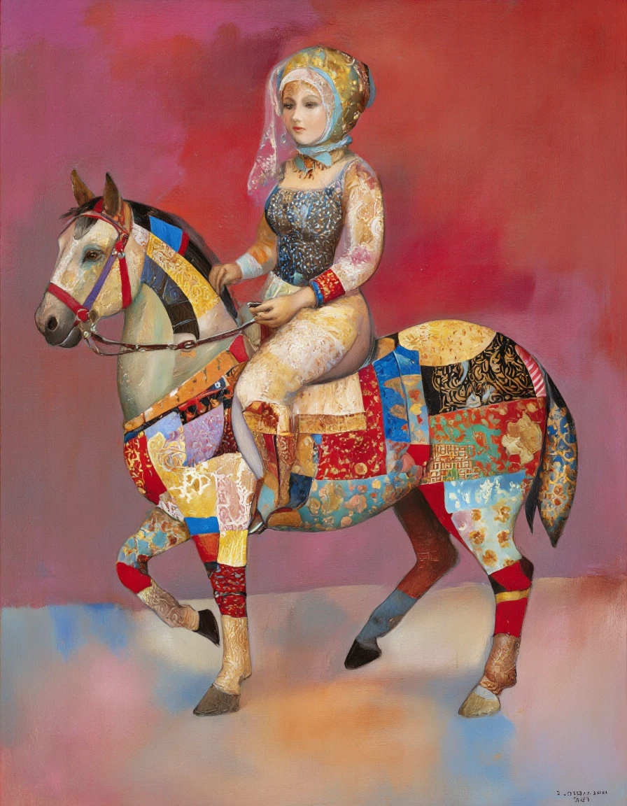 Art by Tigran Matulian & Joshua Burbank. A painting of a woman riding a horse adorned with colorful patchwork, set against a vibrant red background. the woman, who appears to be in her early twenties, is wearing a traditional dress with intricate patterns and a headscarf, and her face is partially obscured by the fabric. she is seated on the horse's back, with her full body visible as she straddles it. the horse is adorned with a variety of colorful fabrics, including red, blue, yellow, and green, which are intricately designed to create a sense of movement and energy. the background is a mix of red and pink hues, with a subtle texture that adds depth and dimension to the painting. the painting is signed by the artist in the bottom right corner, adding a personal touch to the artwork.