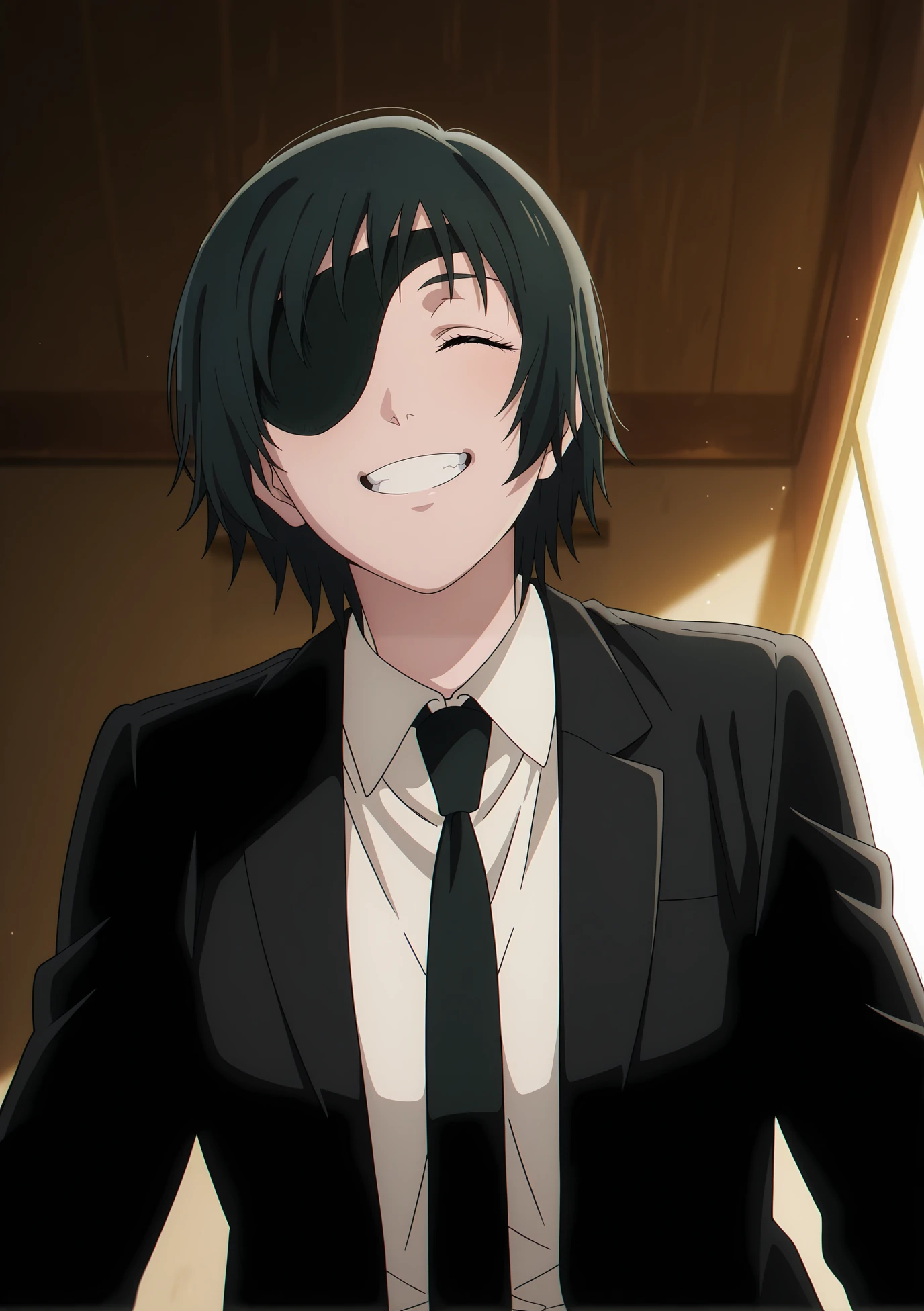 volumetric lighting, official style, amazing quality, ultra detailed, highres, detailed background,anime coloring, (anime screencap) masterpiece, detailed face,1girl <lora:Himeno__:0.8>Himeno, eyepatch, black hair, smile, necktie, black necktie, closed eyes, shirt, short hair, collared shirt, suit, white shirt, formal, black jacket, jacket, teeth, facing viewer, solo, cowboy shot, pov, from below, leaning over